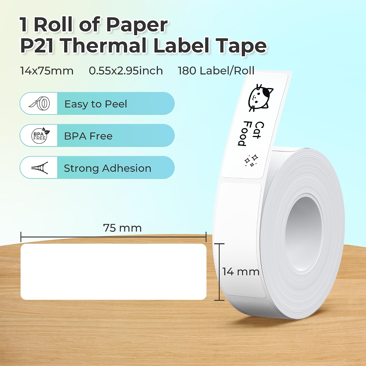 Nelko Genuine P21 Label Maker Tape, Adapted Label Print Paper, 14x75mm (0.55"x2.95"), Standard Laminated Labeling Replacement, Multipurpose of P21 Label Maker, 180 Tapes/Roll, 1 Roll, White