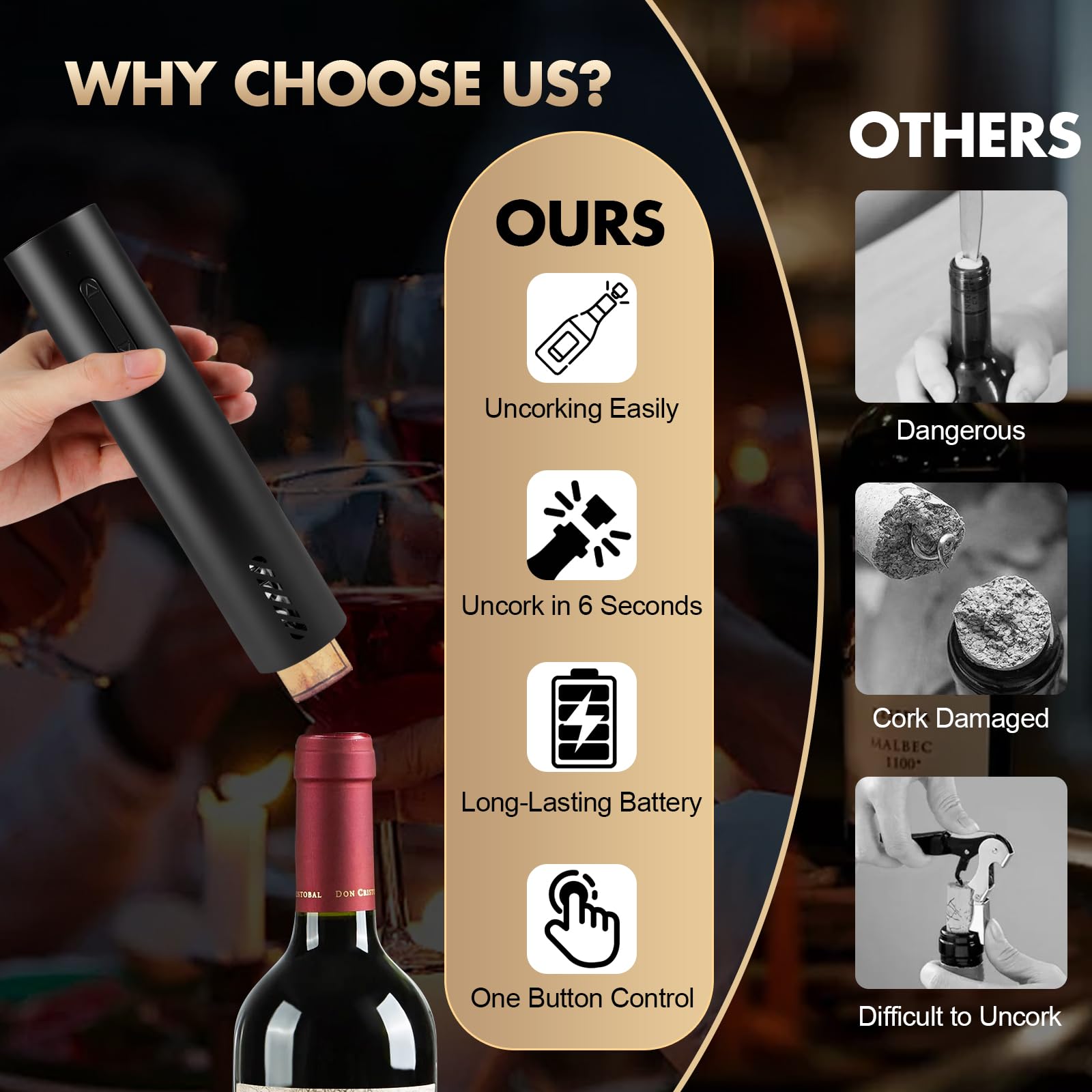 Abrebotellas de vino eléctrico automático, removedor de corcho recargable con cortador de aluminio, apertura fácil y suave