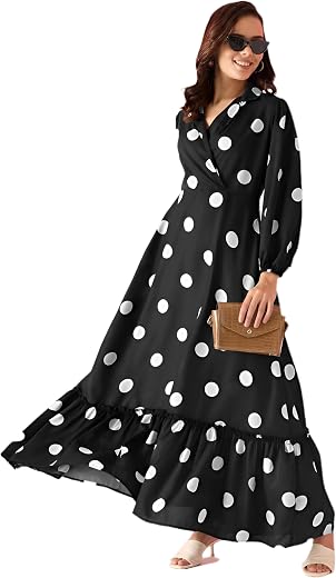JUSTHER Women's Polka Dot Print Collared Maxi Dress | Ruffle Hem Long Sleeve Gown | A-Line One Piece Dress