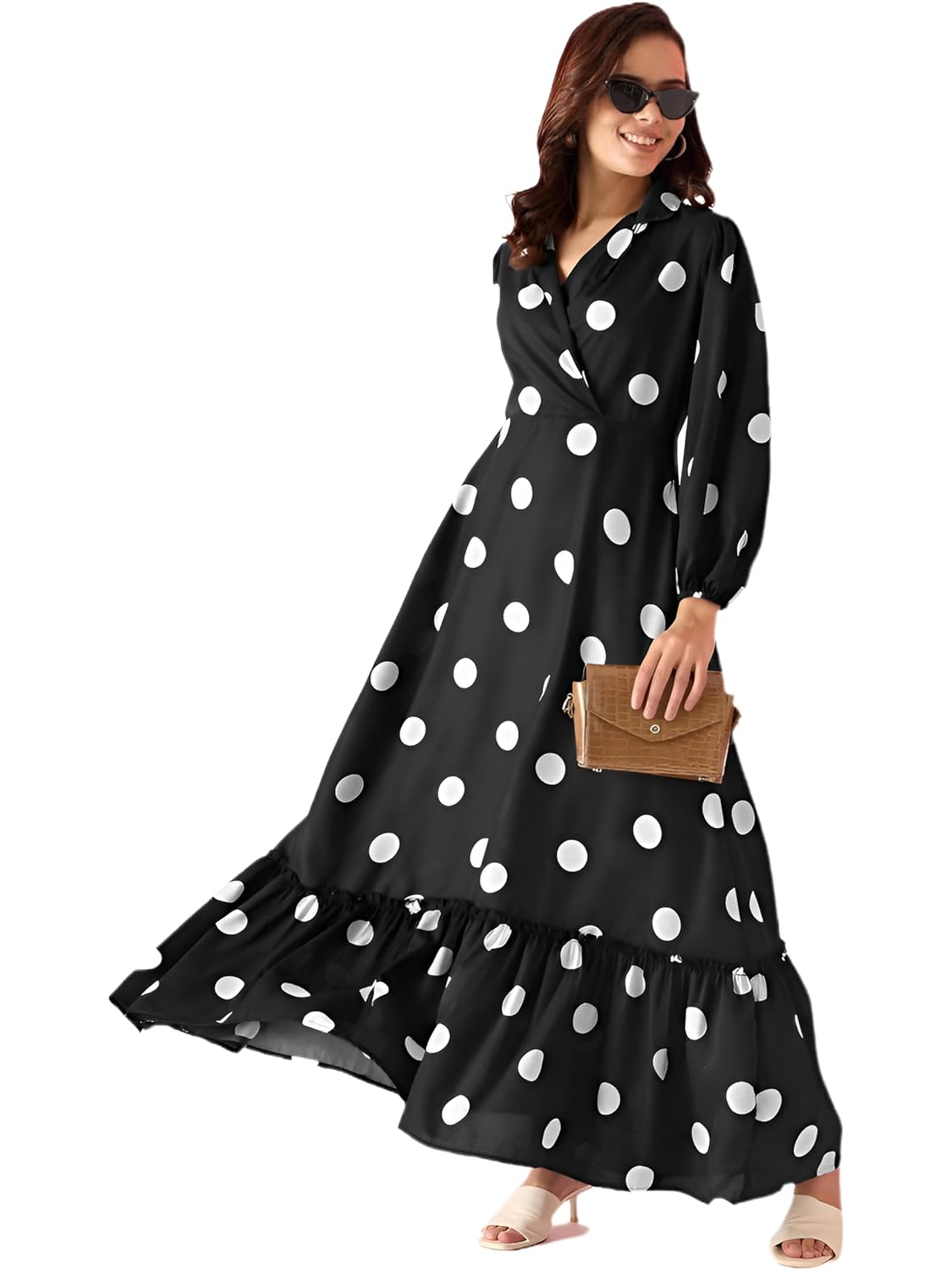JUSTHER Women's Polka Dot Print Collared Maxi Dress | Ruffle Hem Long Sleeve Gown | A-Line One Piece Dress