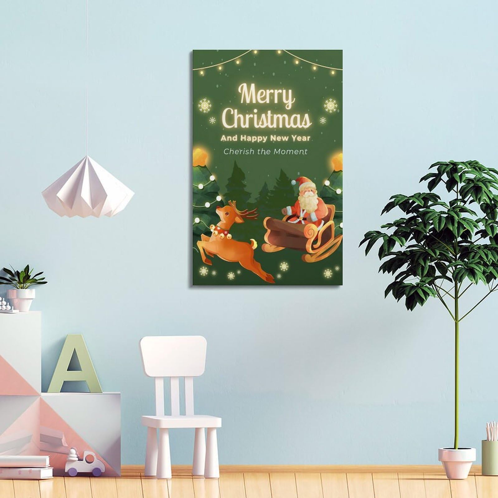 ZlXXYZ Poster su tela per decorazione moderna per famiglia e ufficio, poster natalizio con sfondo verde, doppio poster per festival con slitta di renne, doppia celebrazione, 40 x 60 cm, con cornice