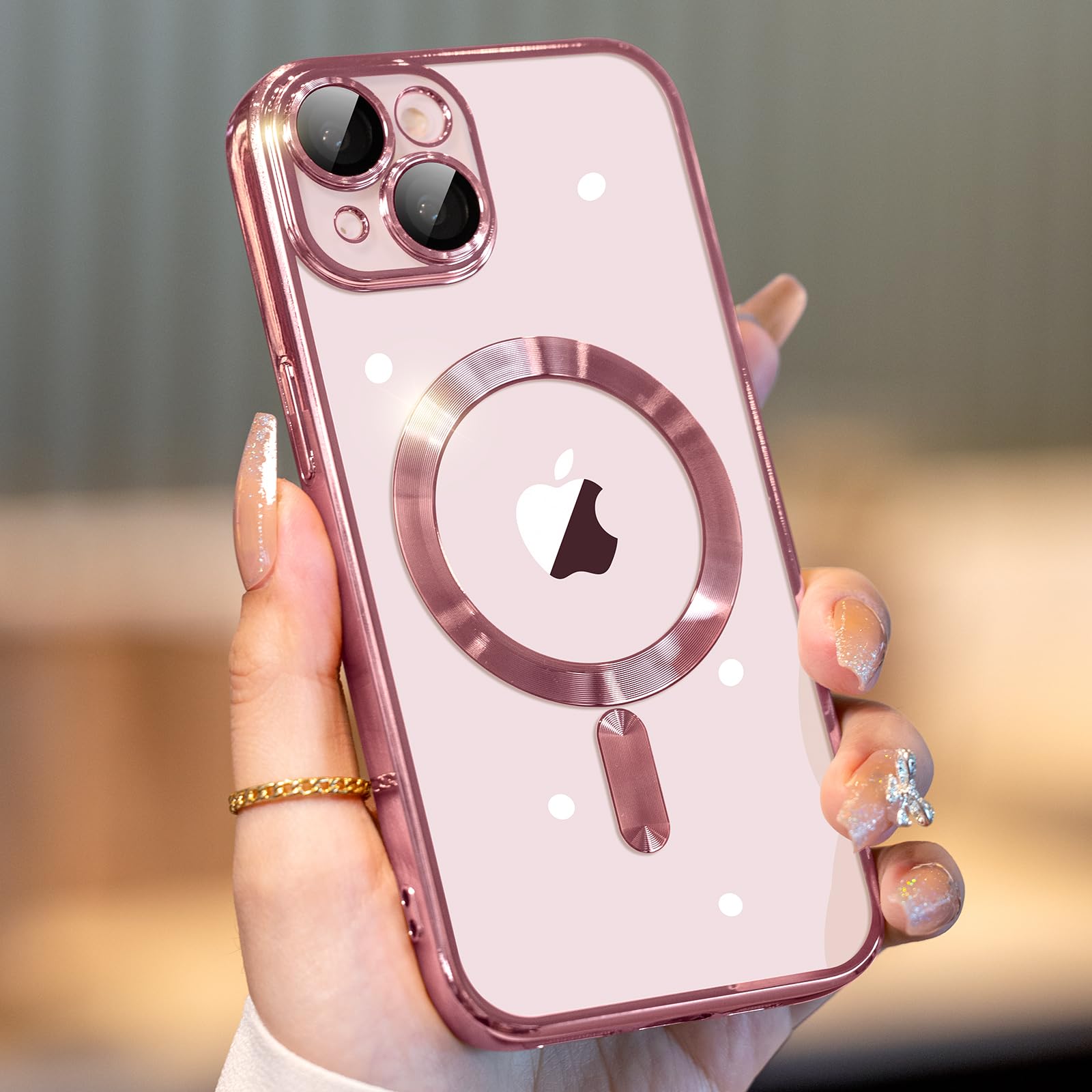 for iPhone 14 Case with Integrated Camera Lens Protector, [Compatible with MagSafe] [Original iPhone Exterior], Crystal Clear Stylish Case for iPhone 14, Romantic Pink
