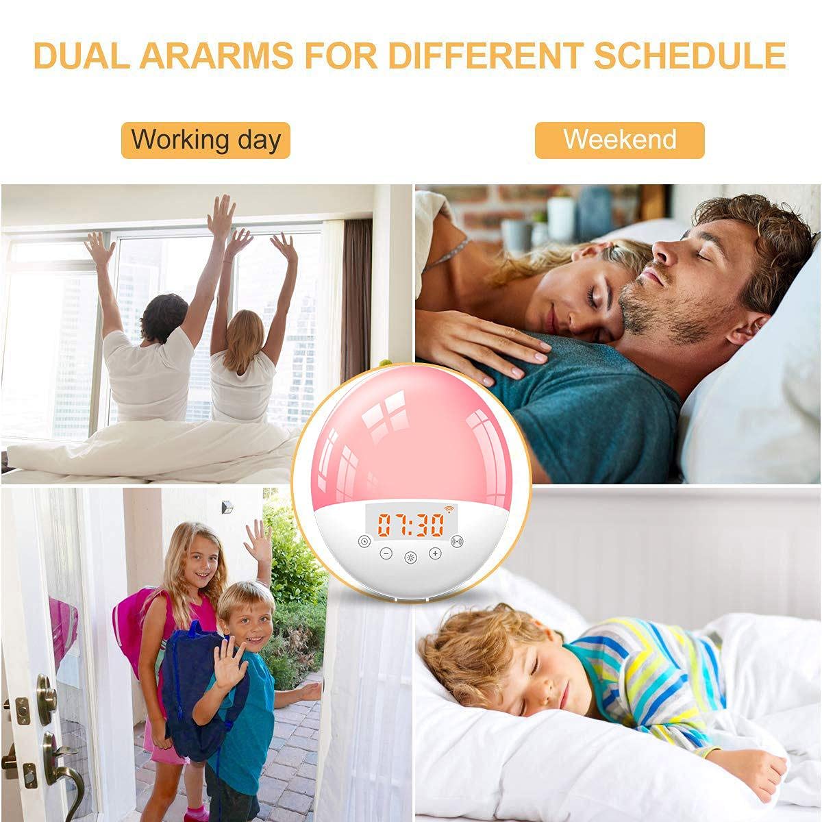 Sunrise budzik z funkcją Smart Wake Up Light Work, cyfrowy budzik z symulacją wschodu słońca, funkcja drzemki / radio FM, 7 dźwięków naturalnych i 4 alarmy dla dorosłych i dzieci (7 kolorów)