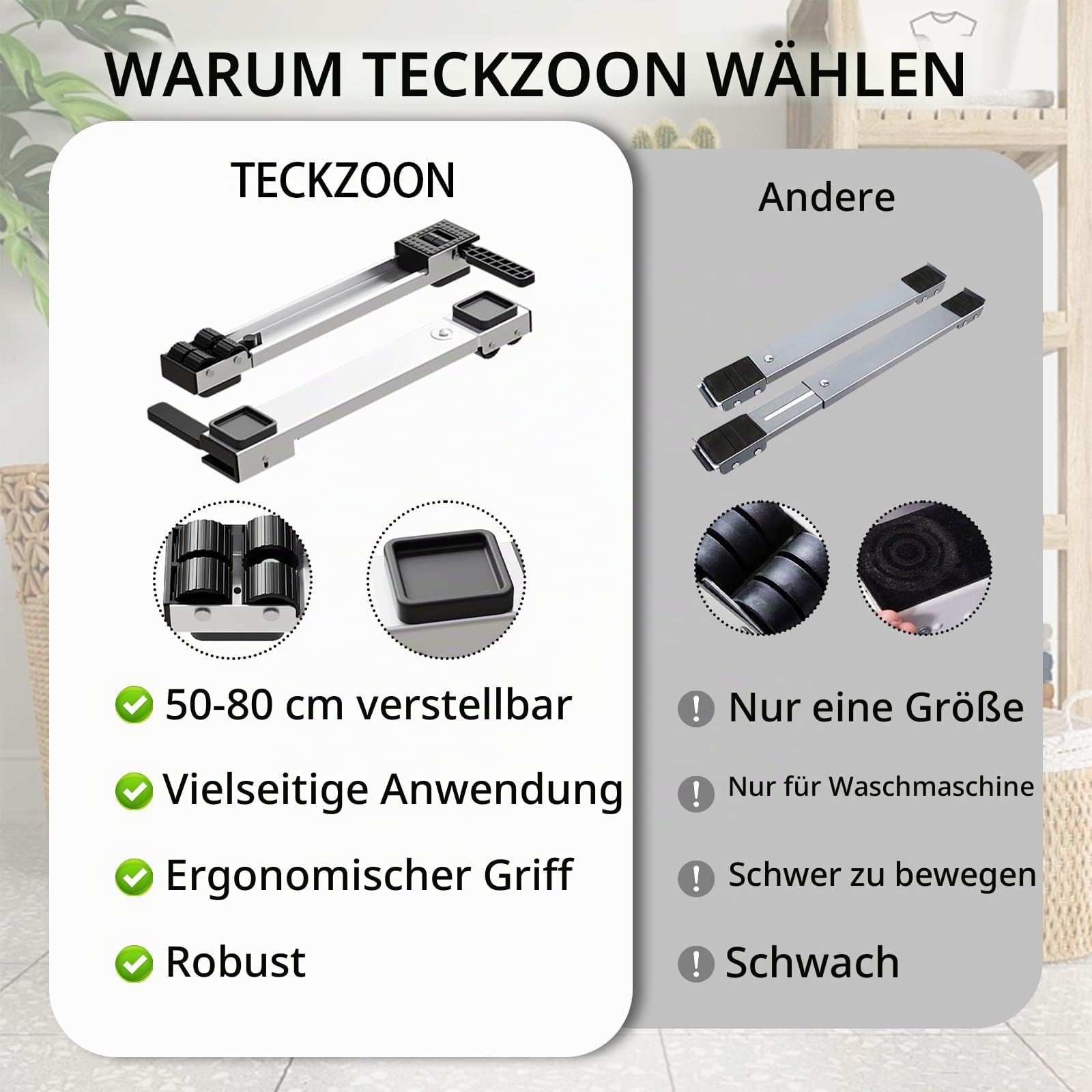 Verstellbare Waschmaschinen Untergestell mit Rollen, 50 zu 80cm ausziehbar, stabil & anhebbar, leicht beweglich Transport für Waschmaschinen, Trockner, Kühlschränke & Möbel