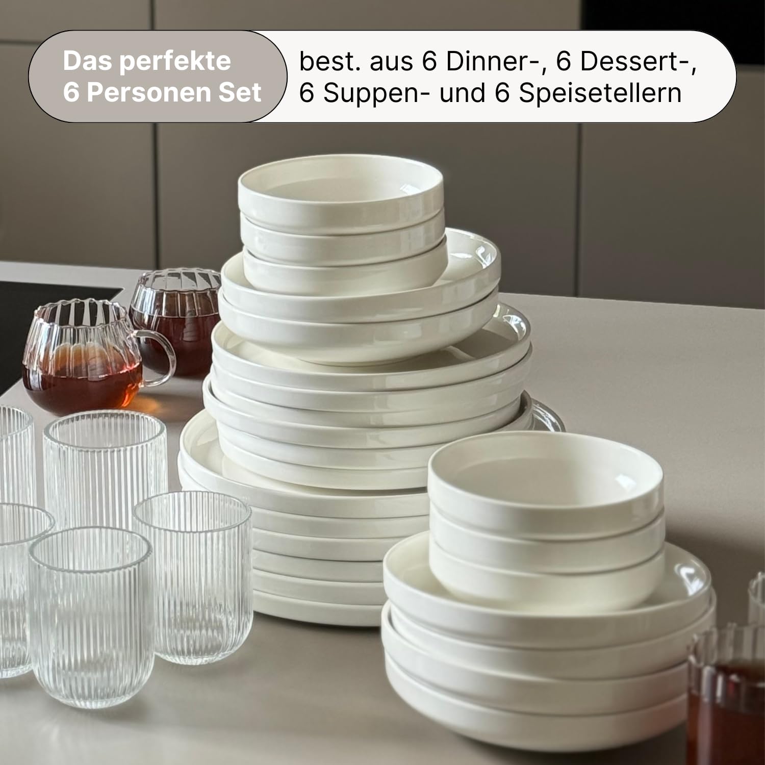 Zoha Pure Geschirrset 12 Personen – modernes Porzellan Tafelservice 48-teilig – elegantes Kombiservice im skandinavischen Stil – hochwertiges weißes Geschirr – spülmaschinengeeignet & mikrowellenfest
