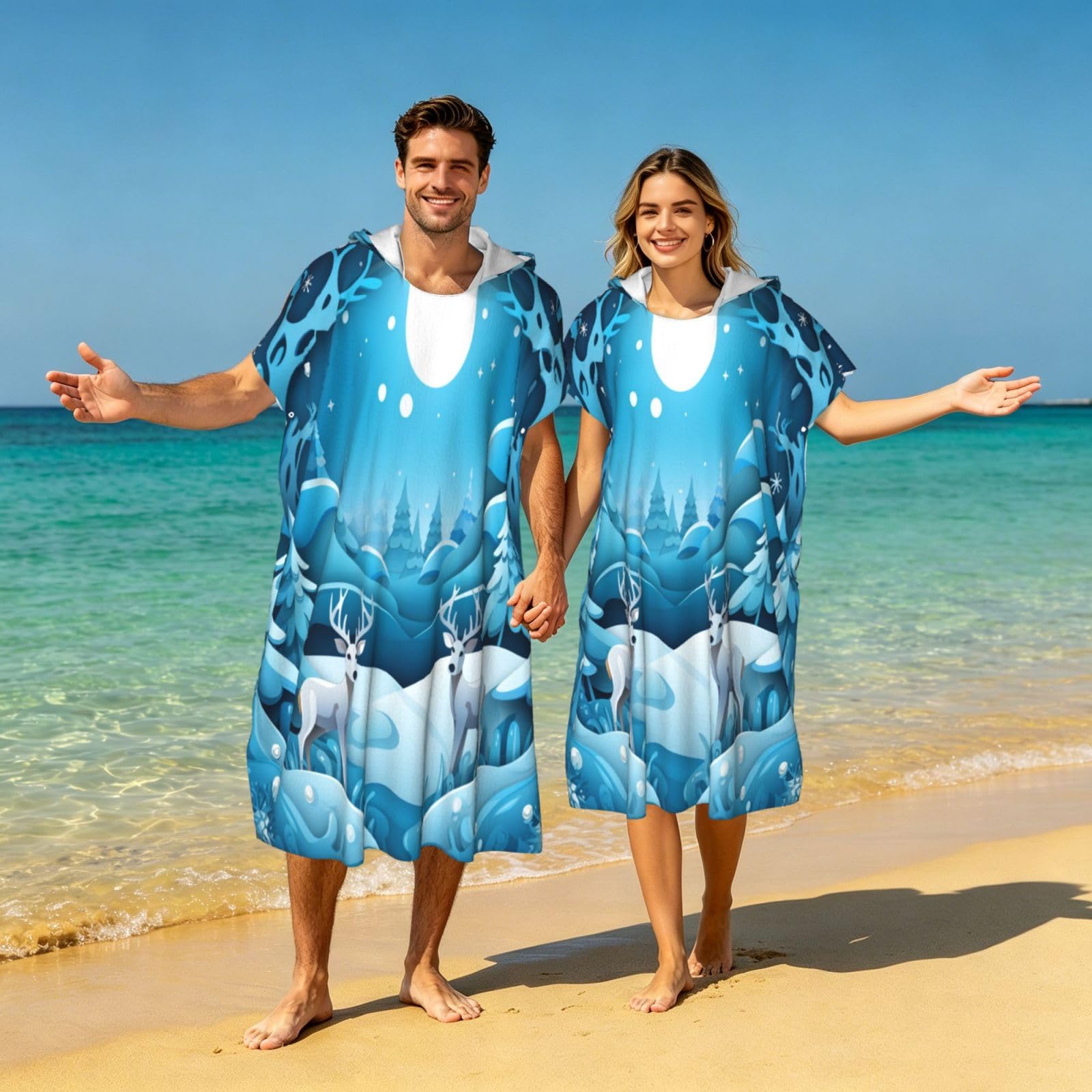Poncho de plage à capuche pour adulte Motif forêt d'hiver 109 x 89 cm