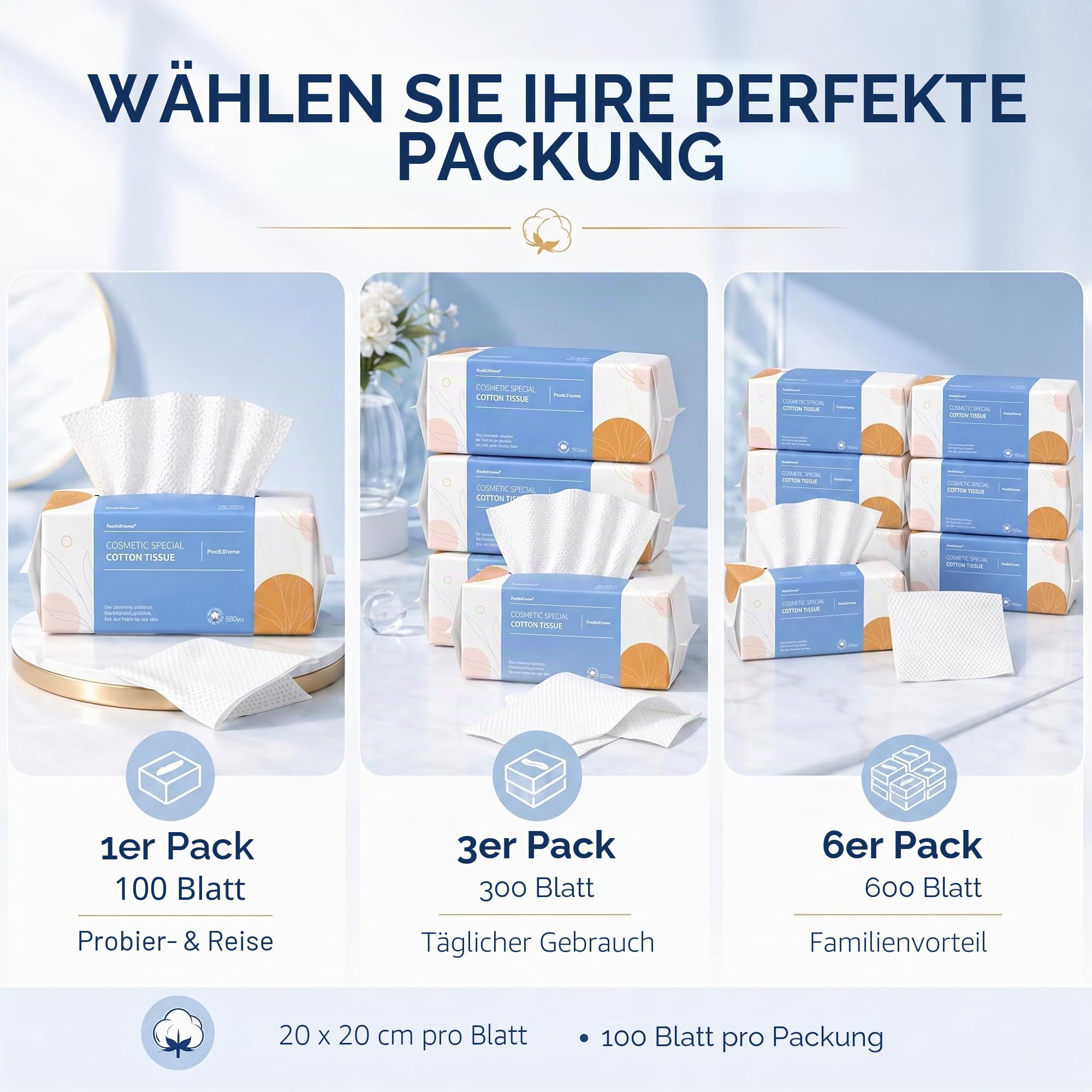 PoeticEHome Weiche Trockentücher – 600 Stück – biologisch abbaubare Einweg Baumwoll Gesichtstücher, Fusselfreies Trocken Nasshandtuch für Empfindliche Haut, 6er-Pack