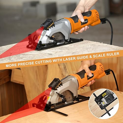 Miniatura 6 de Sierra circular eléctrica, mini sierra circular de 4.8 A con guía láser, sierra con cable de 4000 RPM equipada con 3 cuchillas de 4-12 pulgadas,
