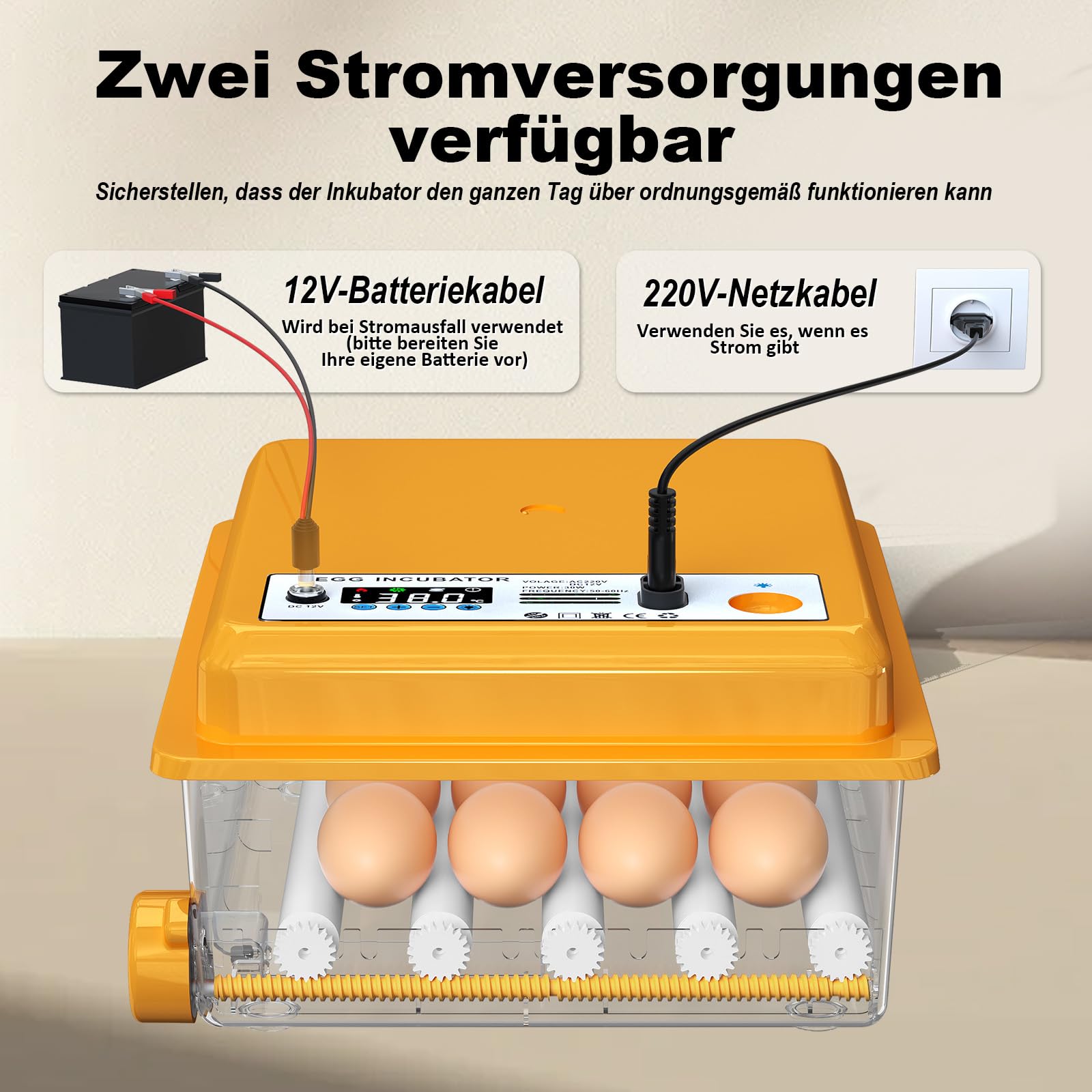 Brutautomat Vollautomatisch für 16 Eier mit Temperaturregelung automatischem Wenden, Inkubator Hühner mit verstellbaren Walzen und automatischer Wasserzugabe, Brutmaschine LED Eierleuchte