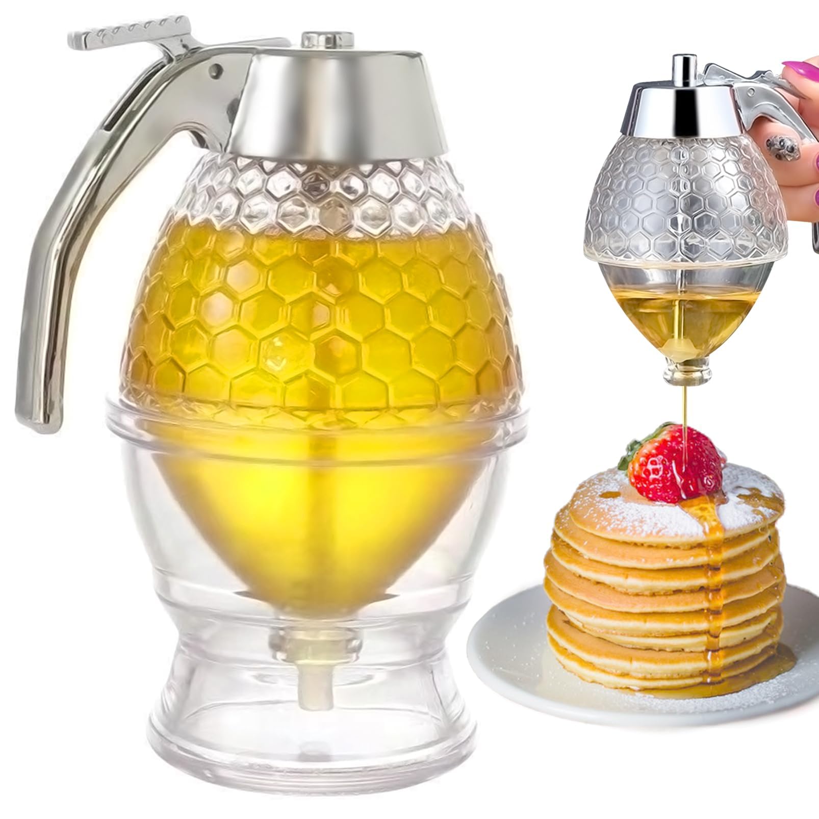 Honig Sirup Spender, 200ml Honigspender, Honig-Dosierer mit Henkel Untersatz ür Sirup Honigtopf Küchenzubehö Geschenke