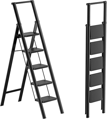 Miniatura 9 de GameGem Escalera Plegable de Hierro de 4 Escalones Taburete Escalón con Antideslizante y Pedal Ancho para Uso en el Hogar y la Cocina Ahorro de Negro
