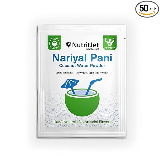 NutritJet Natural Coconut Water Powder [Pack of 50 sachets] for Hydration and Energy Natural Tender Coconut Water Powder