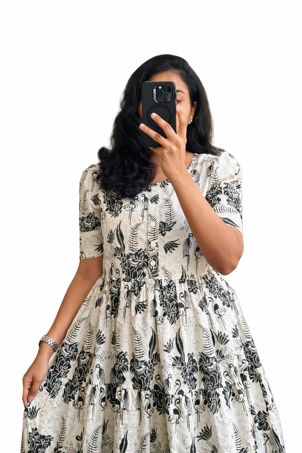 Women's Rayon A-Line Midi Dress, Floral Print, Short Sleeves, Round Neck, Tiered Design, Summer Wear-picture-35