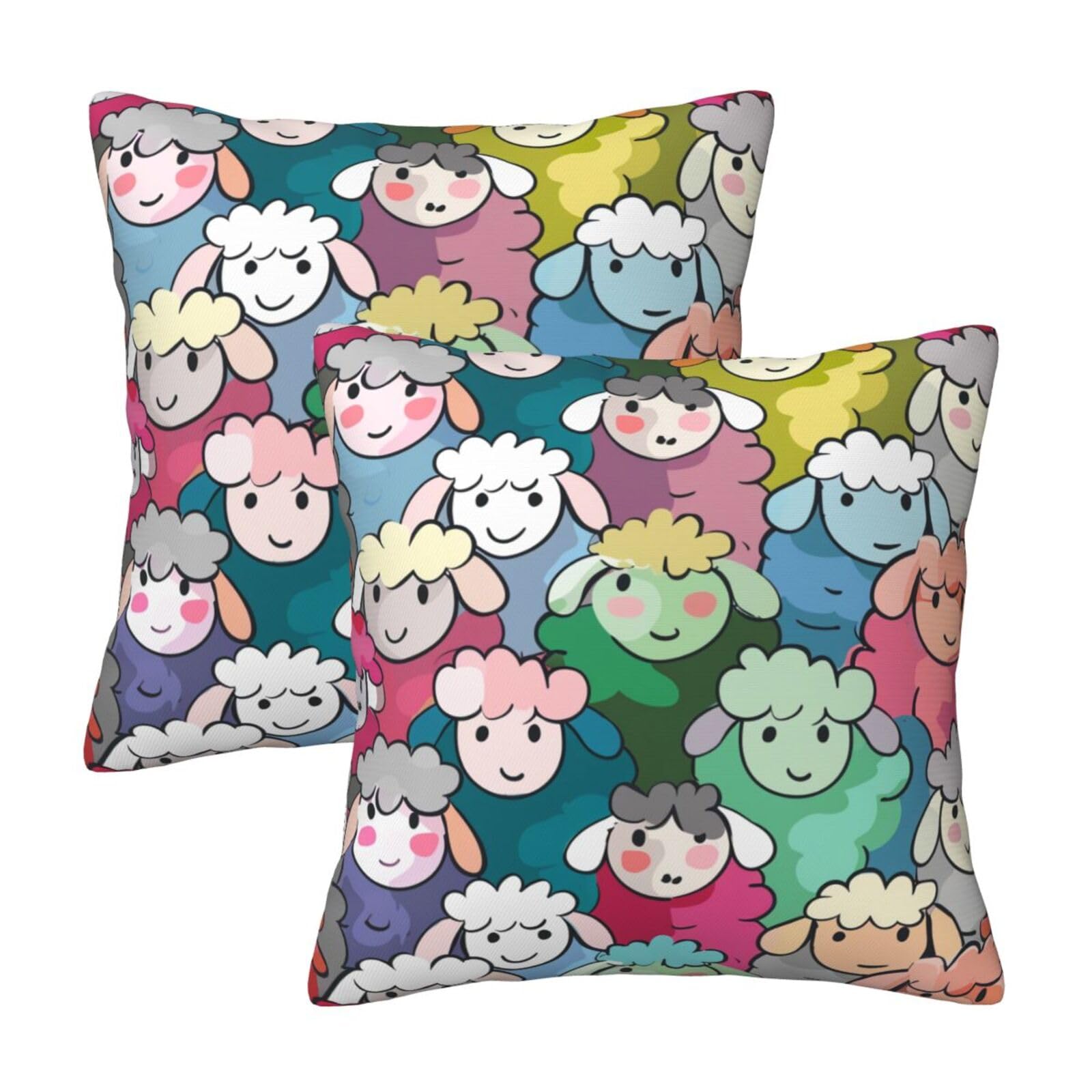 Cute colorful sheep cartoon pattern Throw Pillow Cases 2 Pack Square Pillowcases Soft Pillow Protectors for Couch Livingroom Sofa Bed Office Car,50x50 CM