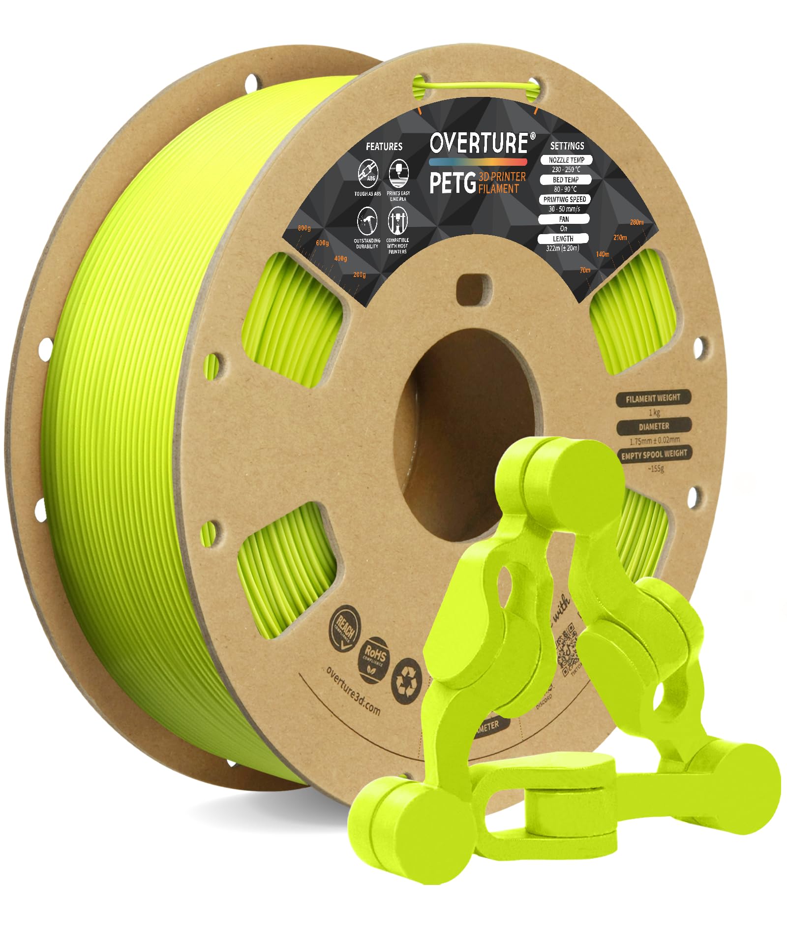 OVERTURE Filamento PETG 1.75mm, 1kg Bobina(2.2lbs), Neatly Wound Durevole PETG Filament per Stampante 3D, Precisione Dimensionale +/- 0.02 mm, 3D Printer Filamento (Verde Erba)
