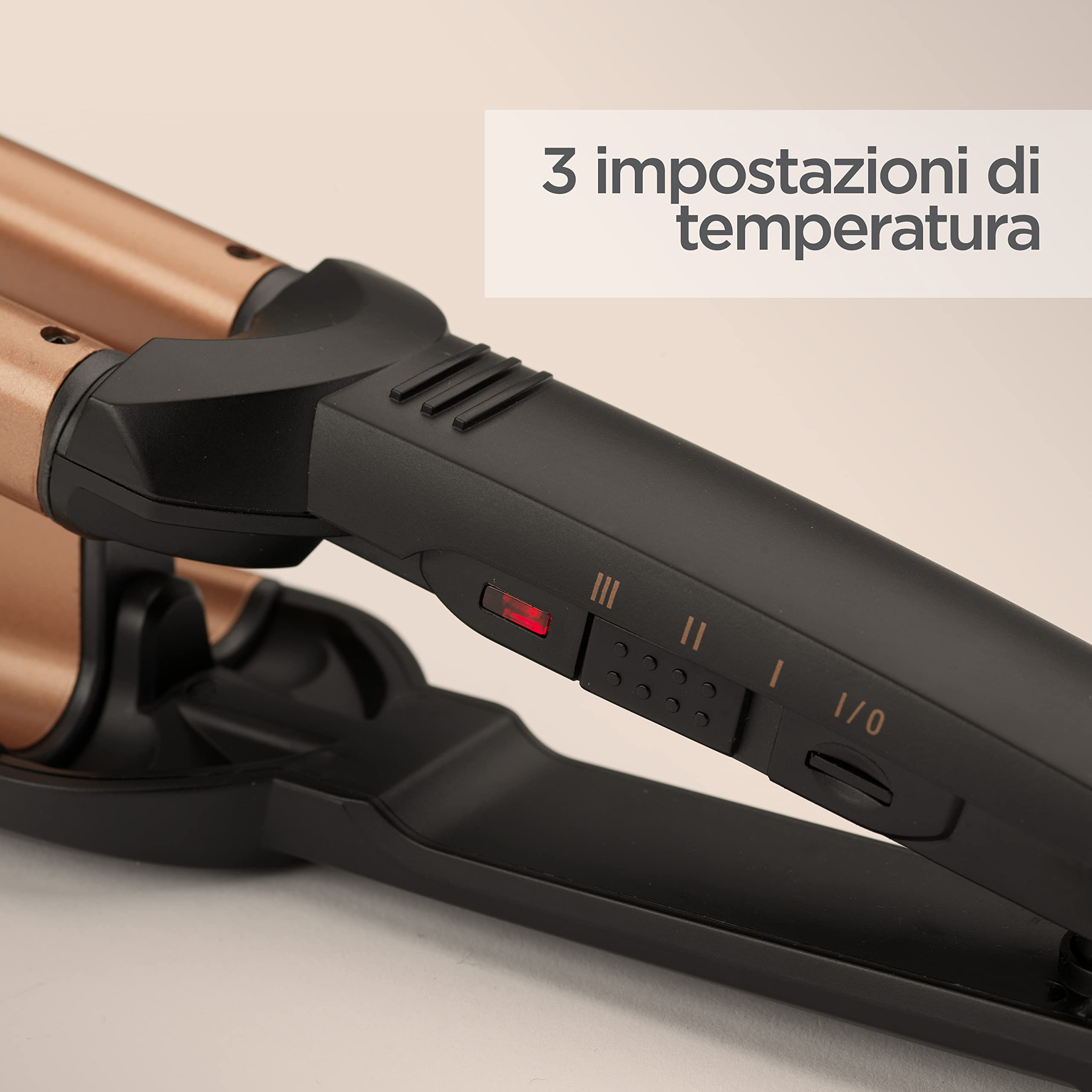 BaByliss Triferro Deep Waves, Beach Waves, Ceramica, 3 Temperature (160°C - 200°C), Punta termo-resistente, Riscaldamento rapido, Oro e Nero, W2447E