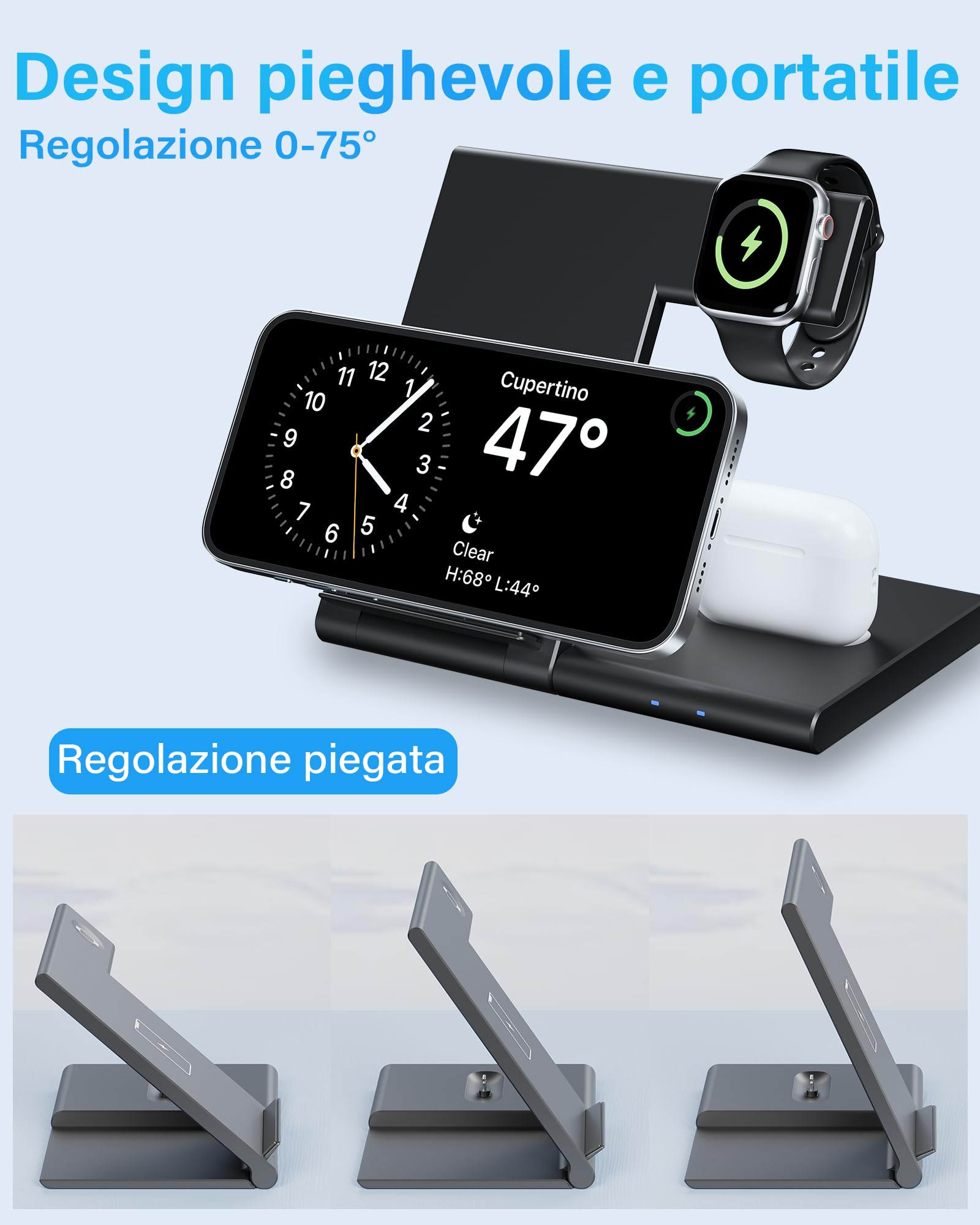 3 in 1 Caricatore Wireless per iPhone 11/12/13/14/15/XS/X/8 serie, for Apple Watch 9/Ultra/8/7/6/SE/5/4/3/2, Stazione Ricarica per Air Pods 1/2/3/Pro/Pro2 (nero)