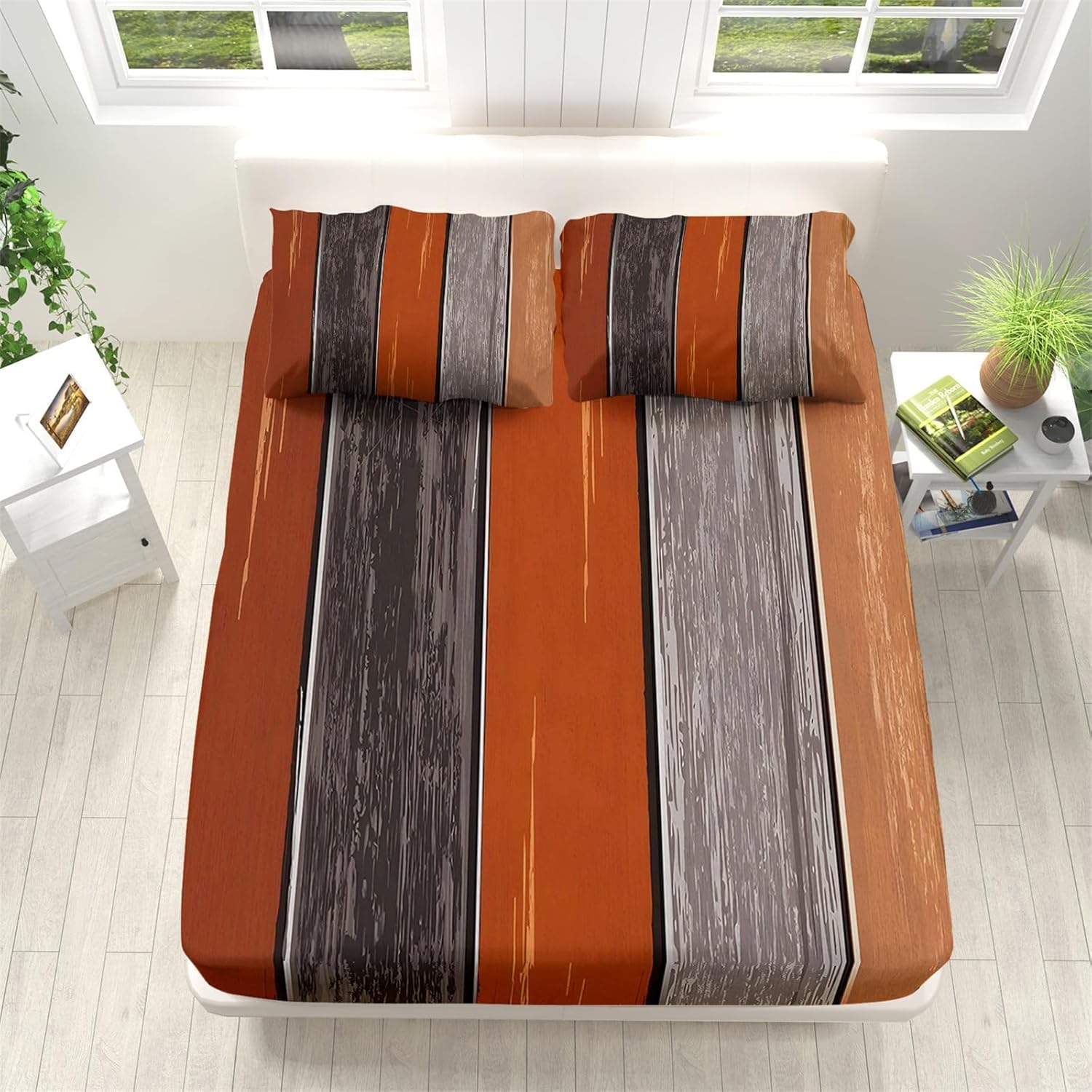 Drap Housse 180x200 cm Planches de Bois Rustiques 3D Drap-Housse Rétro Rustique Draps Housses Microfibre 2 Personnes avec 2 Taie d'oreillers pour Matelas Épais XCW4956