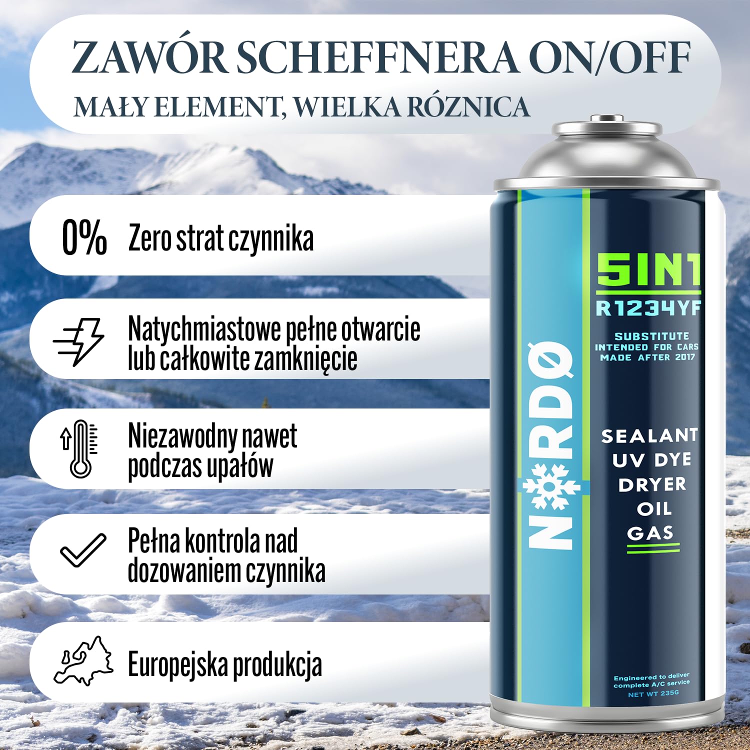 Nordo - 5in1 - Czynnik Chłodniczy R1234yf x3 do Samochodowej Klimatyzacji z Olejem, Uszczelniaczem, Barwnikiem UV, Środkiem Osuszającym - Szybka Aplikacja - Chroni Kompresor - 235g Każda Puszka