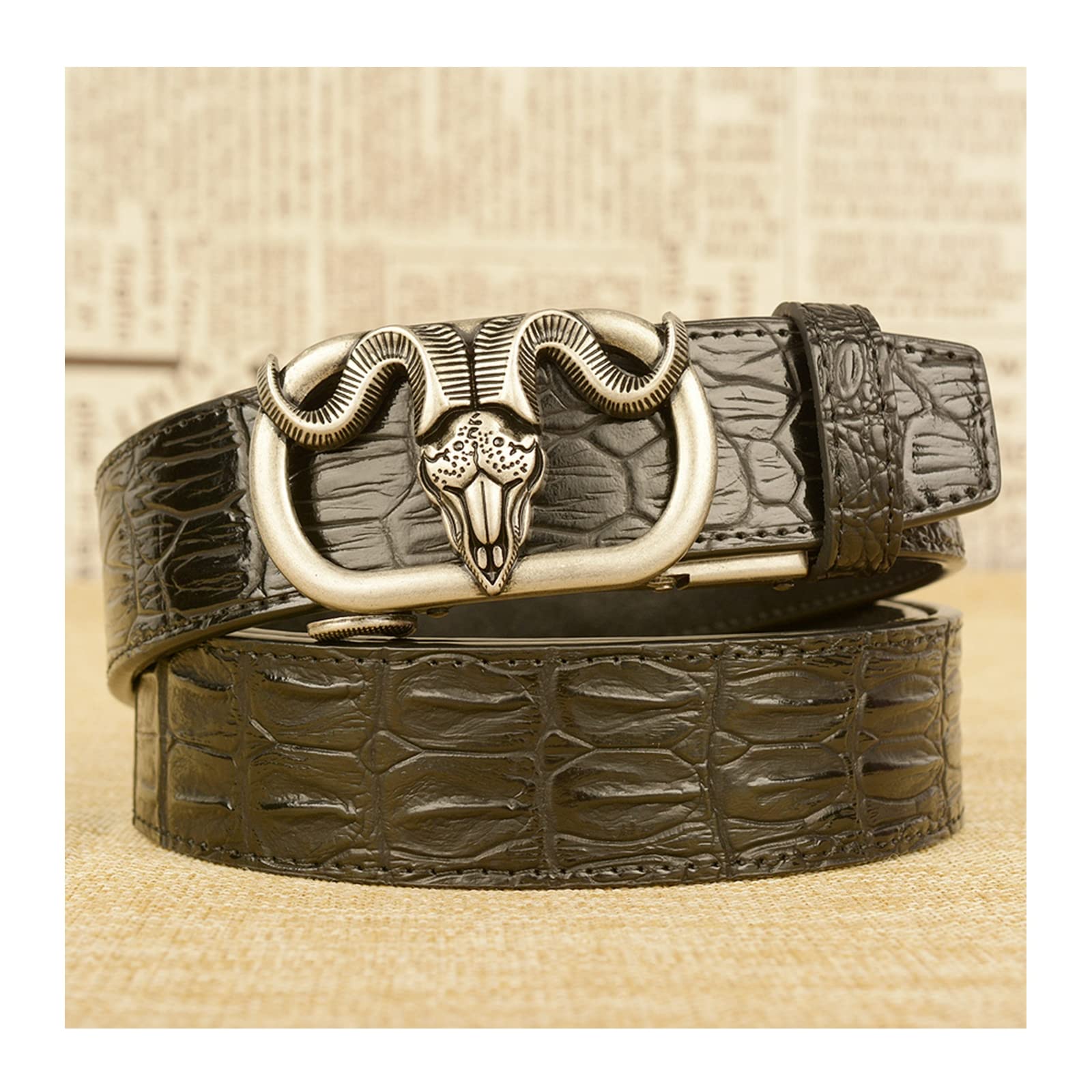 HKMA Men's Belt, Leather Ratchet Slide Buckle Belts Metal Automatic Buckle,Black silver,120cm
