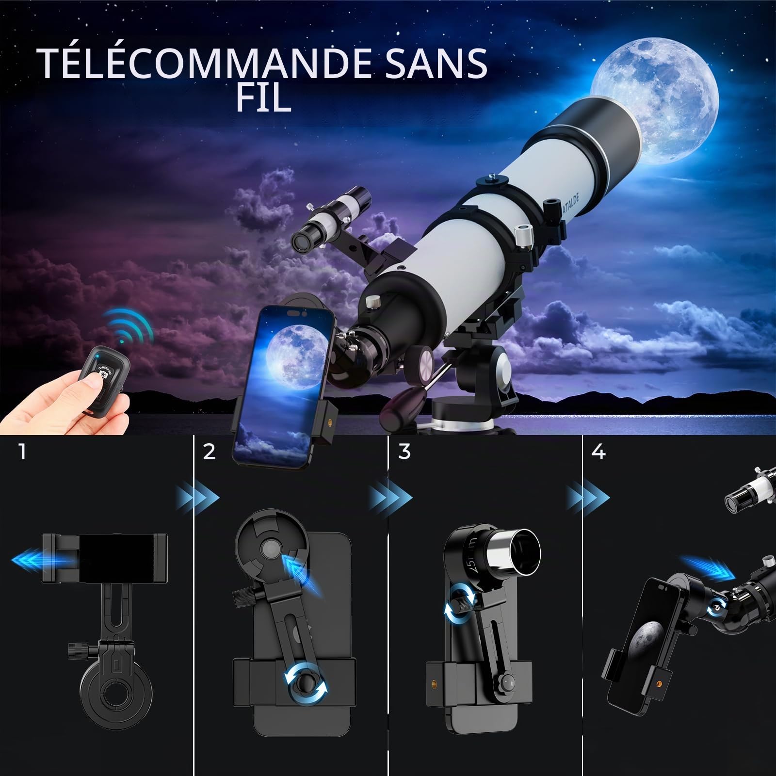Télescope réfracteur de 800 mm de focale et d'ouverture de 90 mm, idéal pour débutants et Adultes. Grossissement de 32x à 240x. Lentille de Barlow 3X et Adaptateur pour téléphone Inclus (Blanc)