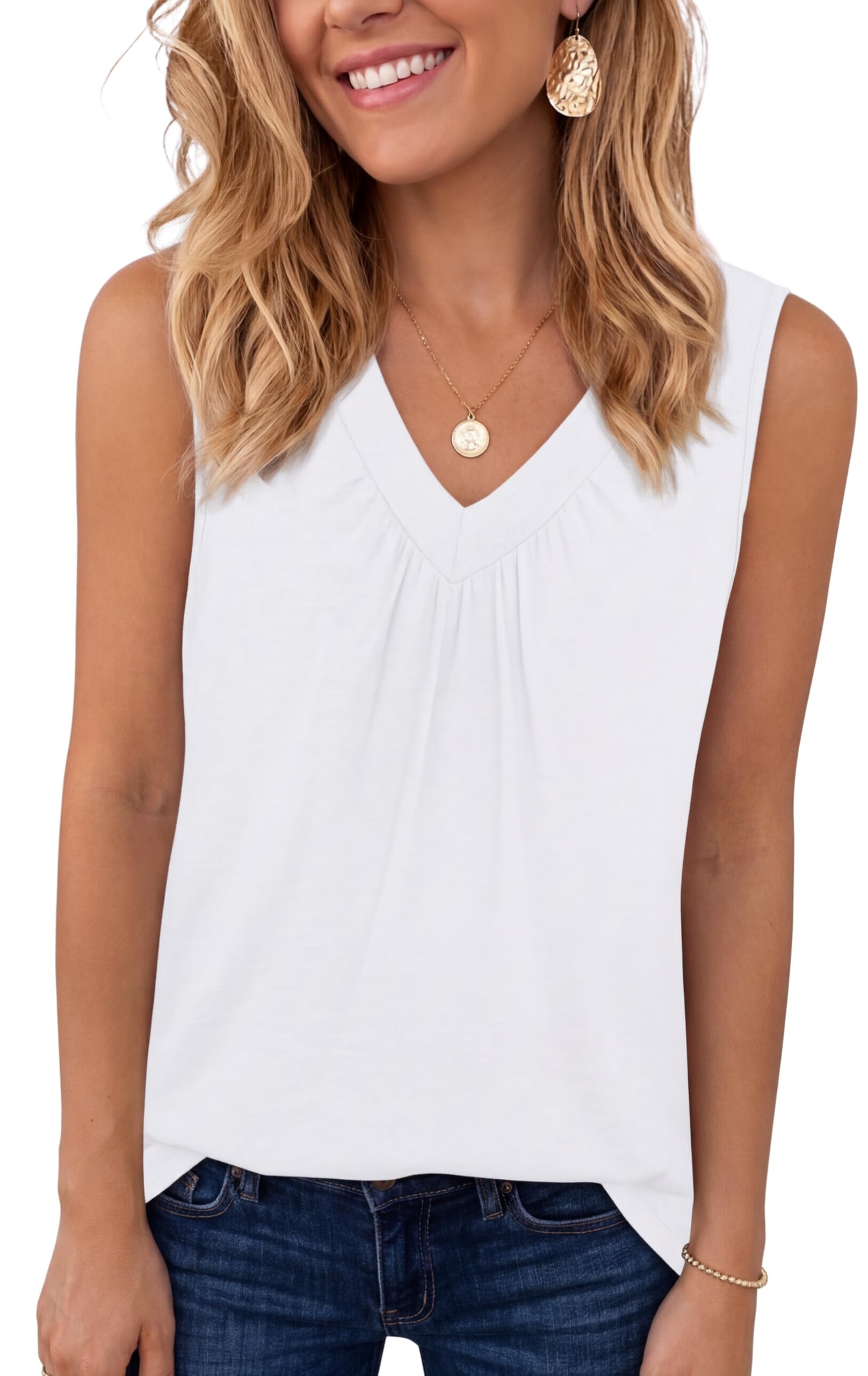 Chicrise Tank Top Damen Sommer V Ausschnitt Plissierte Basic Oberteile Ärmellos Locker Elegant Bluse Casual Leicht