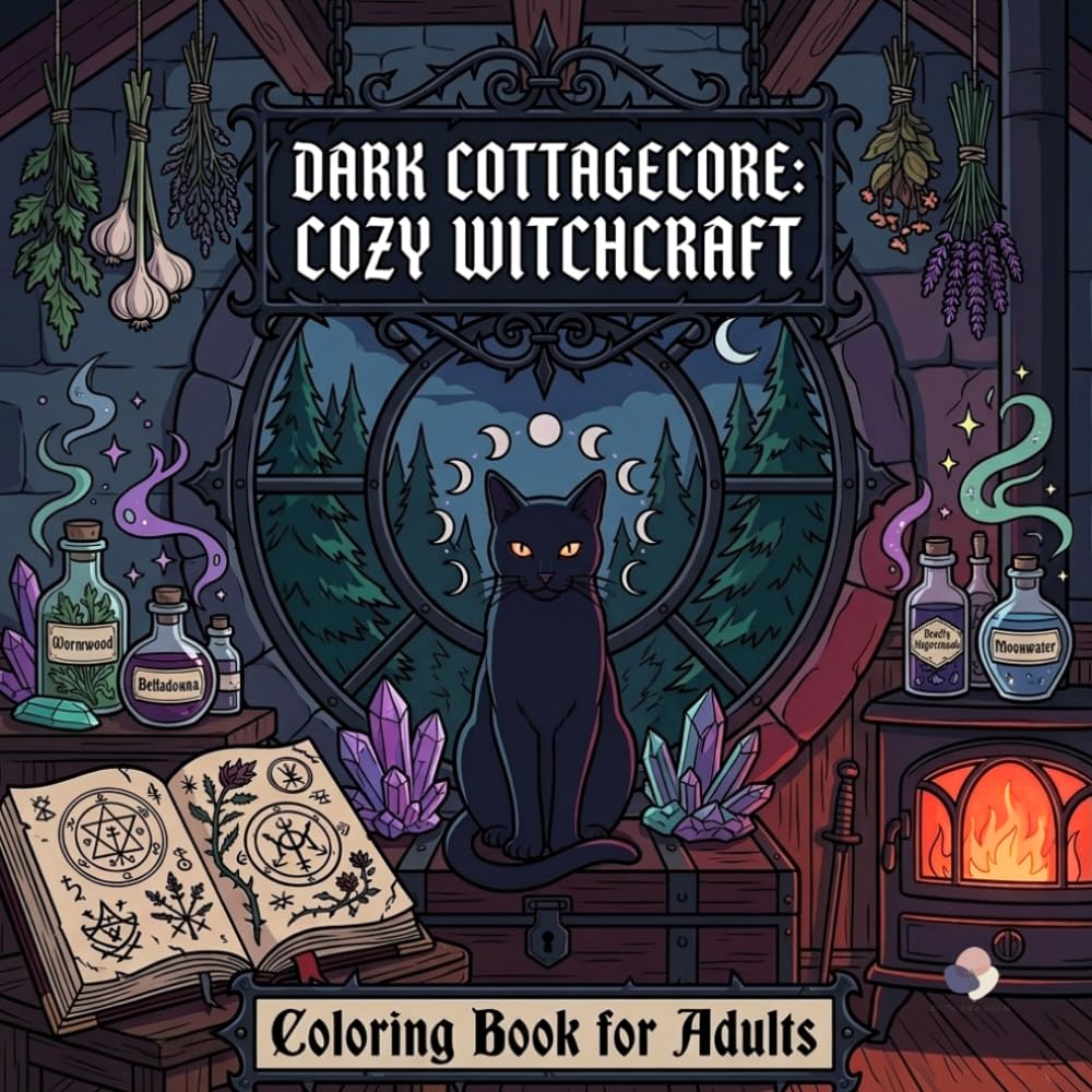 Dark Cottagecore Cozy Witchcraft: Bold and Easy Coloring Book for Adults and Teens with Mystic Forest Animals, Witchy Herbs, Potion Bottles, and Enchanted Cabins for Relaxation