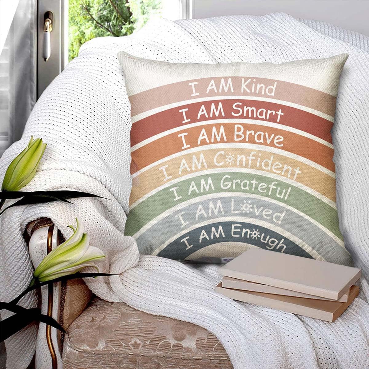 Inspirational Quote Throw Pillow Covers,Rainbow Emotion Feelings Cushion Cover for Book Center Corner Playroom,I Am Kind Smart Brave Confidence Pillowcase for Teens Kids Mental Health(18 X18inch) - Image 4