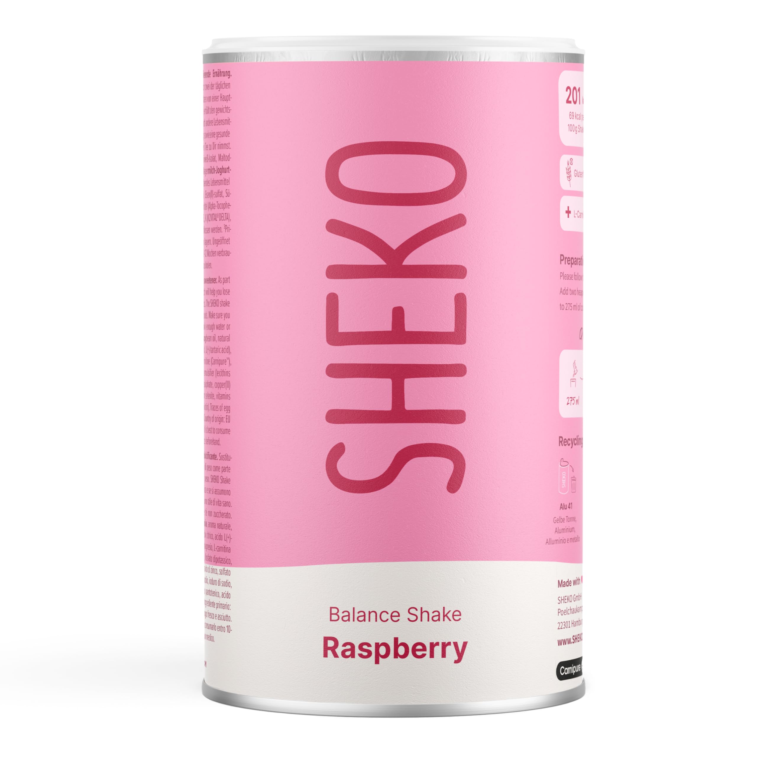 SHEKO - Batido para beber - Sustitutivo de una comida - Alto contenido en proteínas - Sabor natural - Delicioso batido adelgazante - (360 g (1 paquete), Frambuesa)