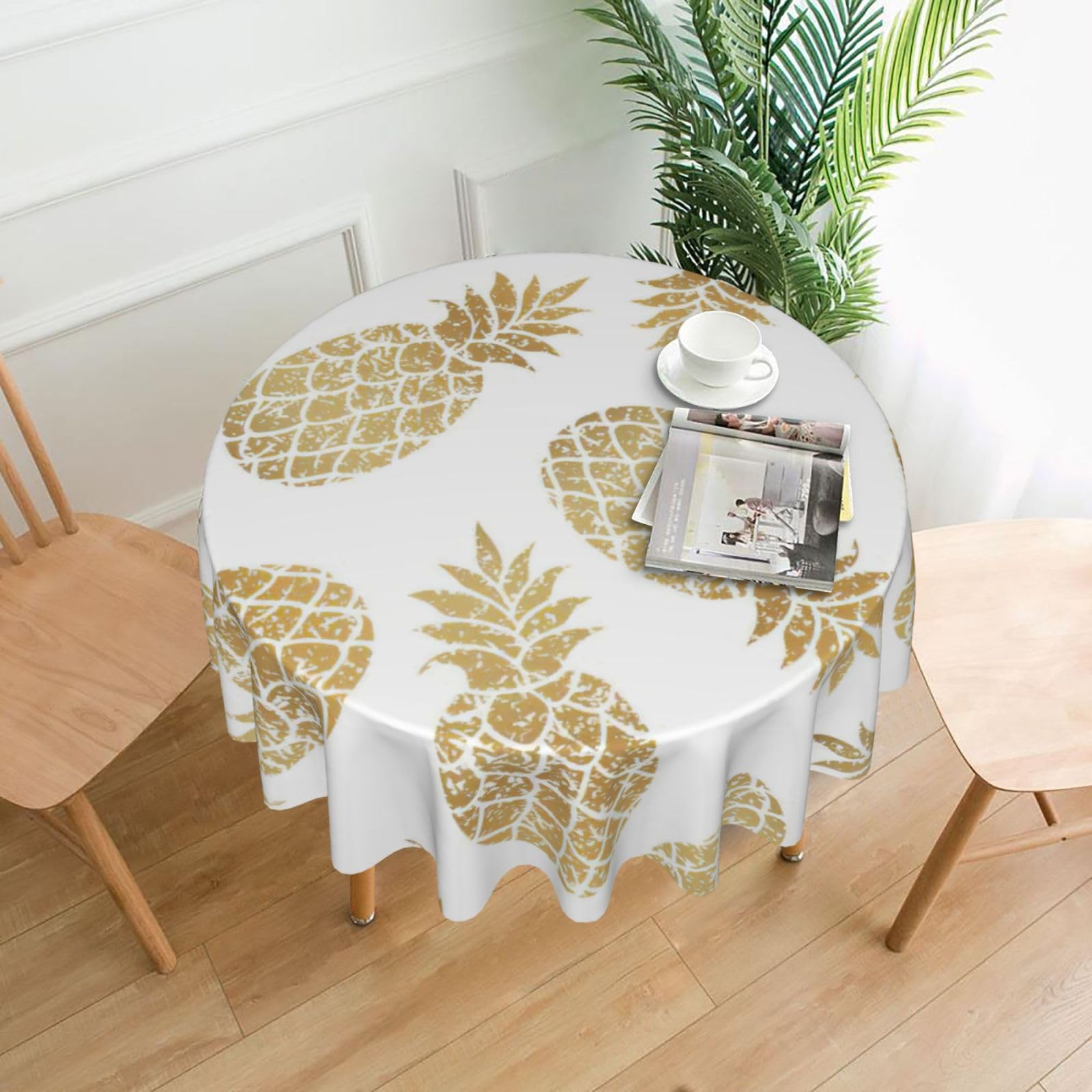 Uusnwaa Golden Pineapple Background Print Round Tablecloth 60 Inch, Stain Wrinkle Resistant Washable Polyester Table Cover For Kitchen Party