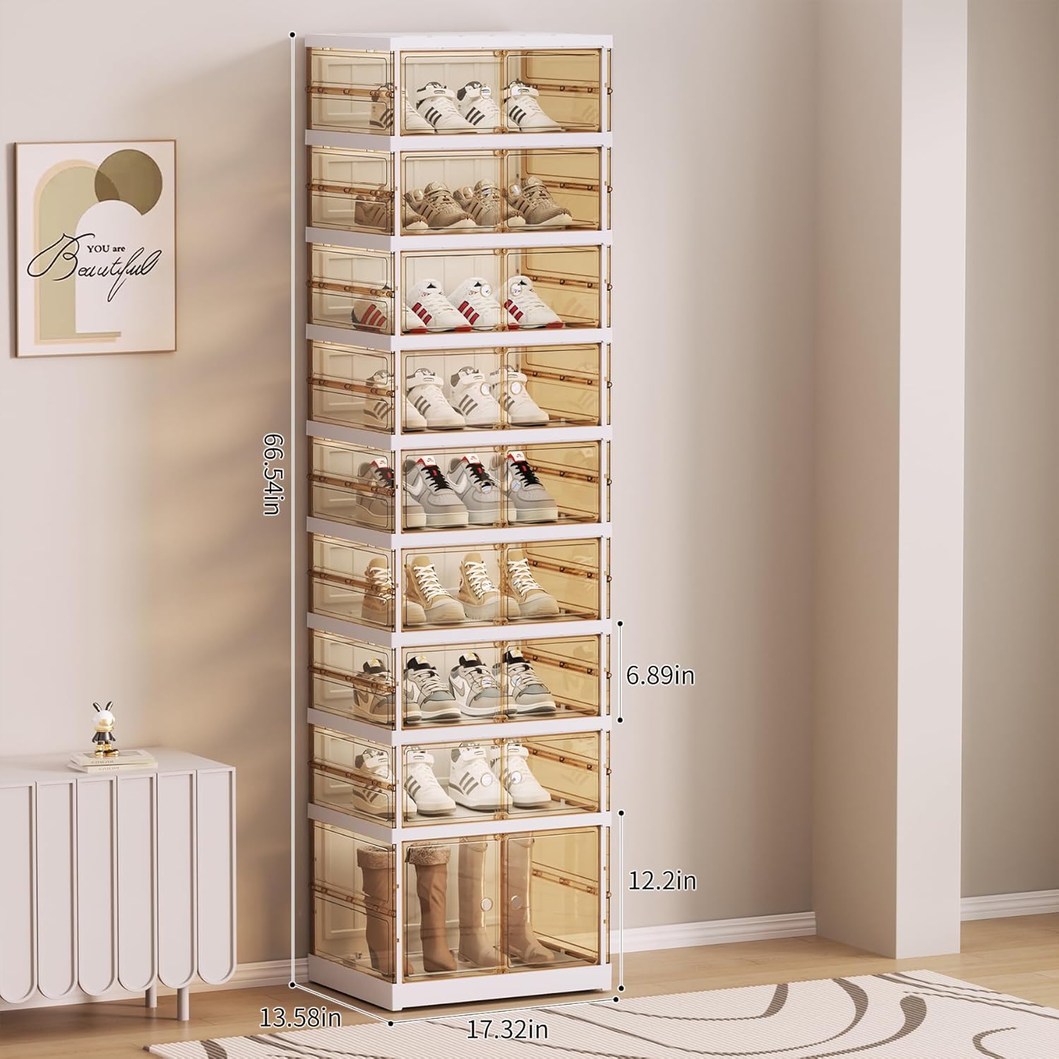 Foldable Collapsible Shoe Box Organizer Rack – 9 Tier Stackable Clear Sneaker Storage Boxes with Lids, Folding Shoe Cabinet Shelf, Plastic Portable Storage Bins with Easy Assembly for Closet Entryway