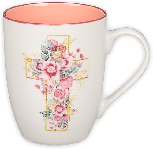 Christian Art Gifts Novelty Coffe & Tea Mug for Women, Floral Cross/White, Microwave Dishwasher Safe, 355ml