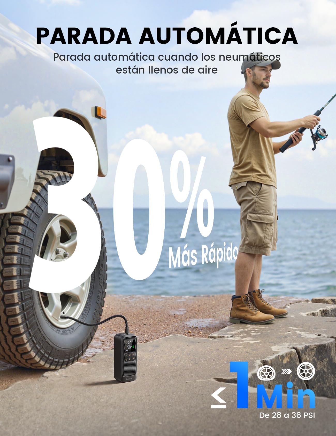 Lamicall Bomba de Bicicleta, Compresor Aire Portatil - [150 PSI Inflación Rápida & Parada Automática] Inflador Rueda con HD Pantalla LED y Luz de Emergencia, con Boquillas para Coche/Bici/Moto/Pelota