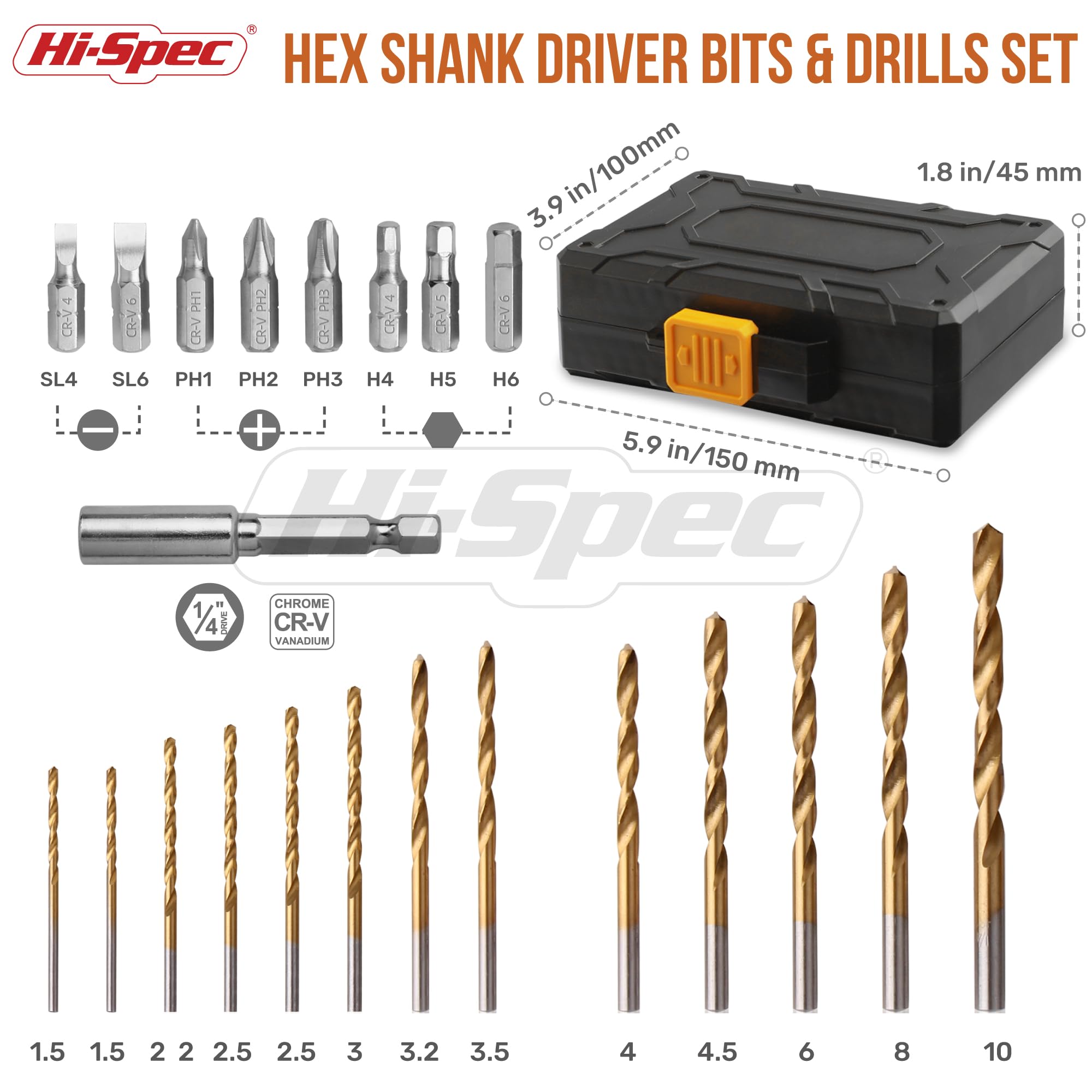 Hi-Spec 24pc HSS Metal Drill Bits & 1/4" Hex Shank Screw Driver Bit Set for Drill Drivers in a Compact Tool Box Case - Image 2