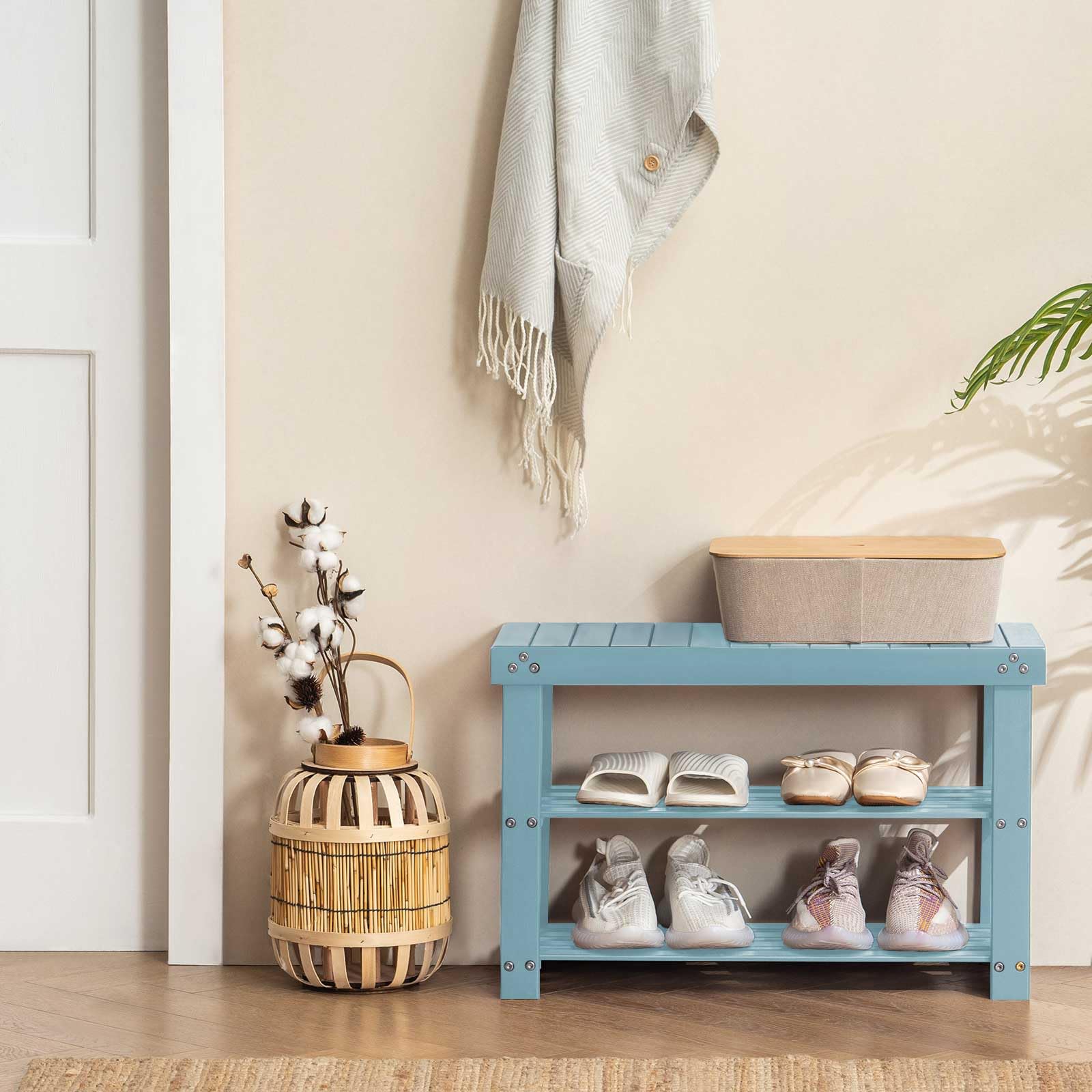 Apicizon Bamboo Shoe Rack for Entryway, 3-Tier Shoe Rack Bench for Front Indoor Entrance, Small Shoe Organizer with Storage, Blue