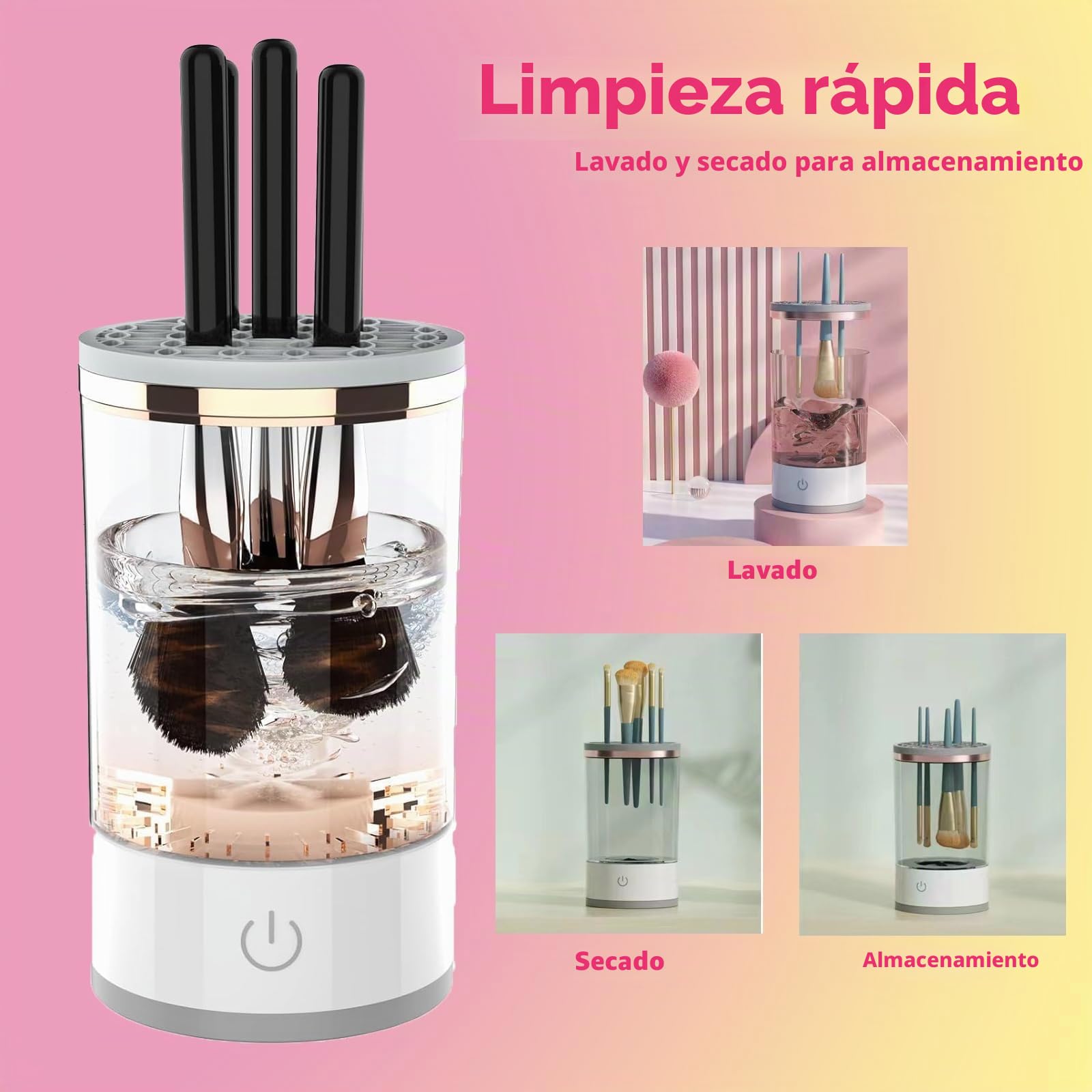 Funmo Limpiador de brochas de maquillaje, limpiador de pinceles eléctrico, limpiador de brochas de maquillaje, secador de brochas de maquillaje, portátil, automático, apto para la mayoría de tamaños