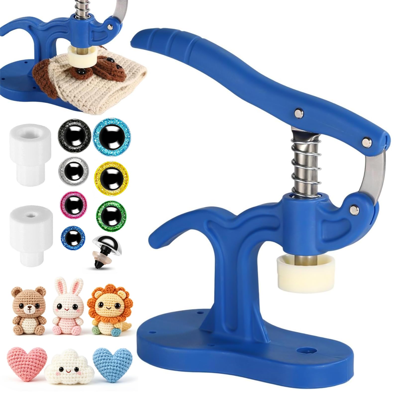 Safety Eye Tool, Large Size for Big Special Safety Eyes & Crochet & Stuffed Animals, 5-45mm Safety Eye Snapper Tool with 2 Adapters, Crocheting Eyes Auxiliary Tool, Doll Making Supplies – Blue