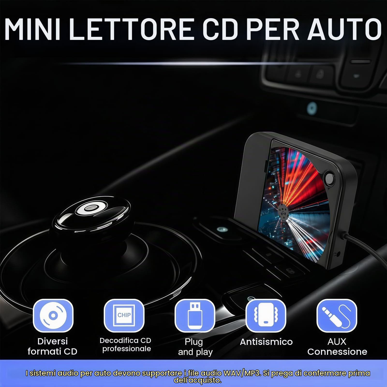 Lettore CD esterno portatile per auto, Plug and Play Car CD Player con porta USB AUX, lettore USB universale per veicoli, laptop, TV, computer, per Android 4.4 e navigazione