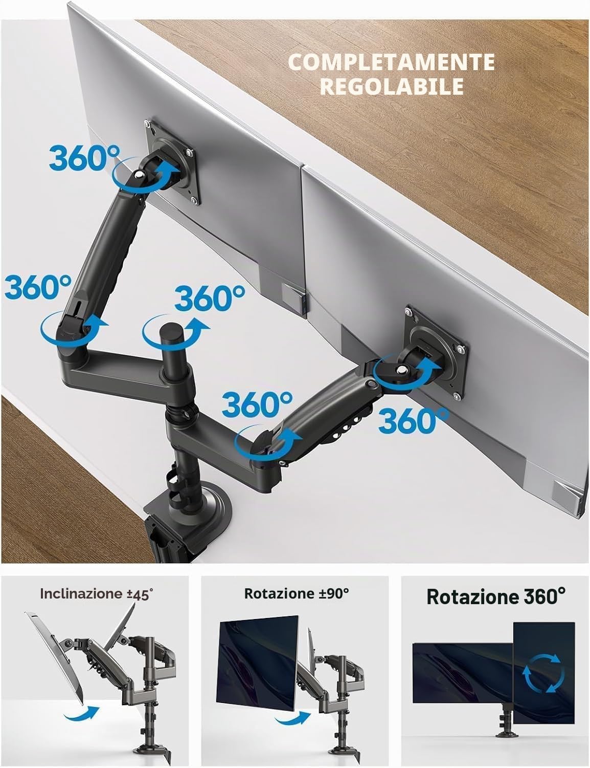 HUANUO Supporto per Monitor da 13”-32” Monitor, Supporto Ergonomico per Schermo per 2 monitor inclinazione/rotazione/peso massimo 9KG/VESA 75/100mm