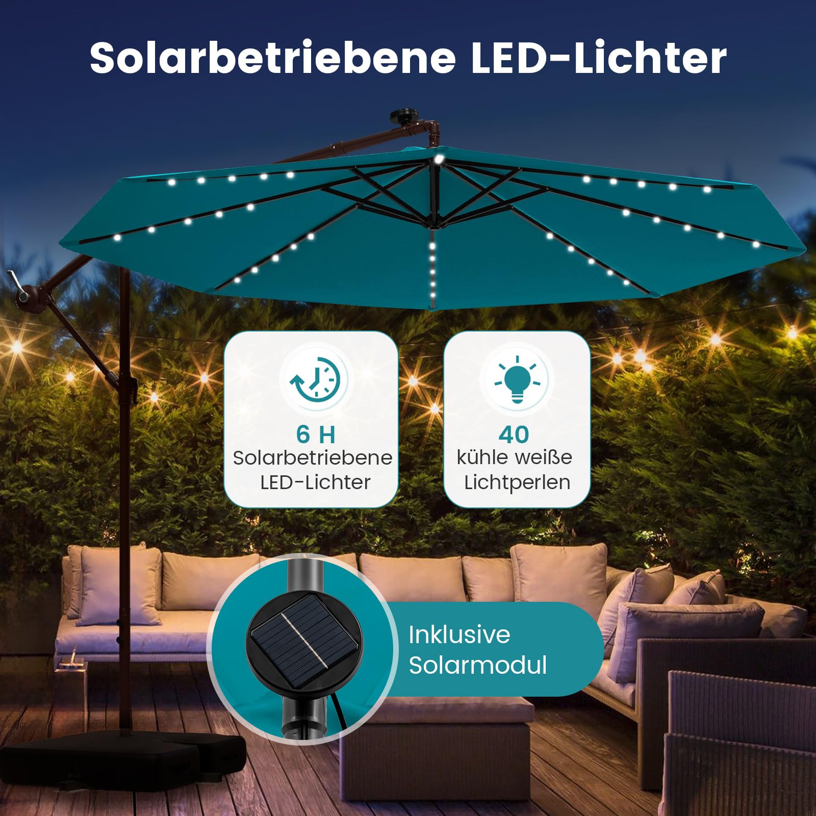 COSTWAY Parasol przeciwsłoneczny z workiem na piasek, 300 cm, z 40 solarnymi diodami LED i korbą, parasol ogrodowy, ochrona przed promieniowaniem UV, parasol na taras, do ogrodu, na basen, taras