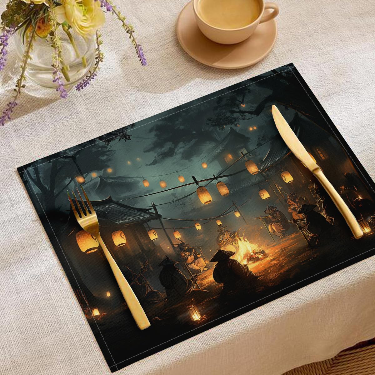 Set de table orange de 30 x 45 cm au design de guerrier antique et feu de joie fantastique