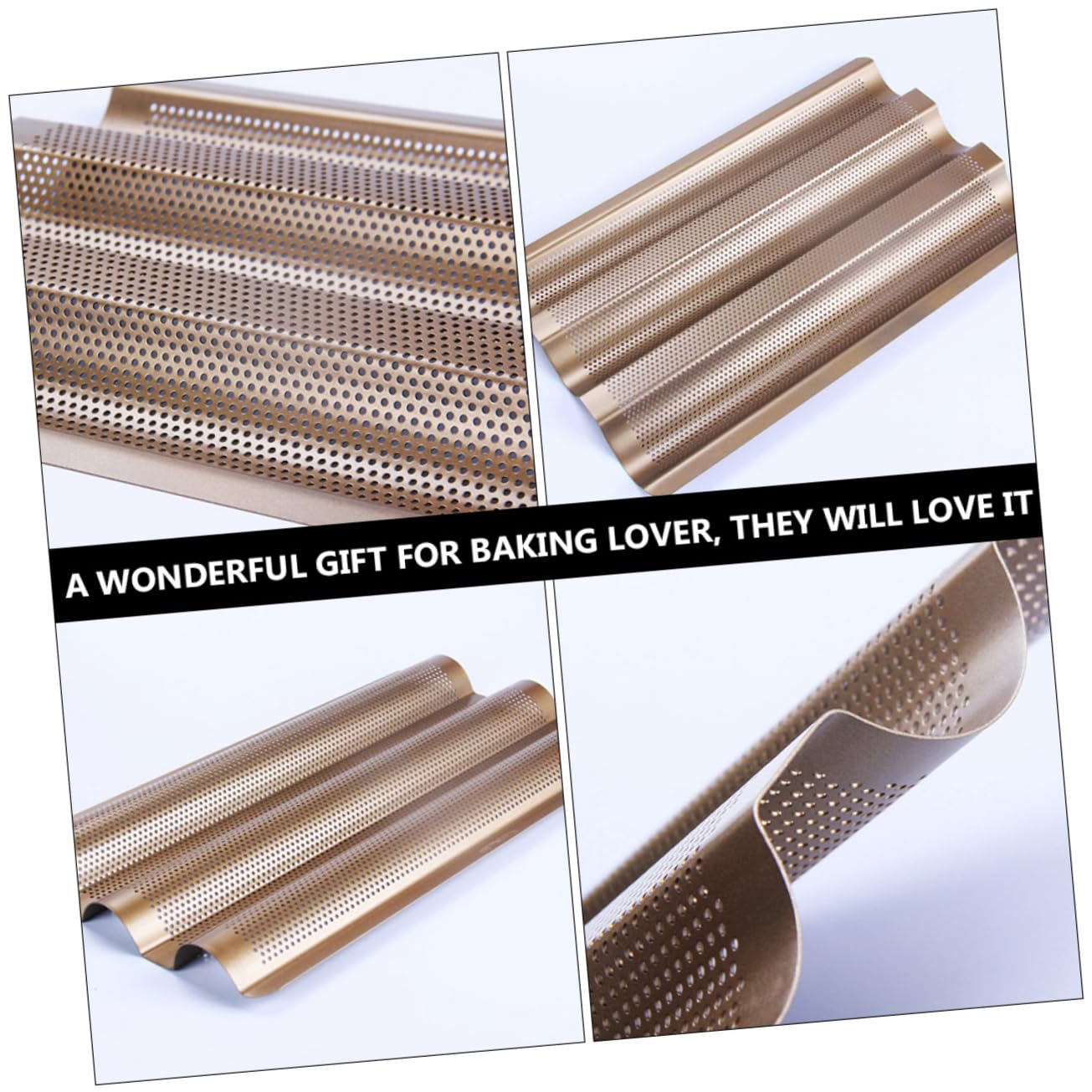 COLLBATH Französische Brotbackform 2 Stück aus Kohlenstoffstahl, Antihaft | 3 Wellen, 3 Schlitze und Perforiertes Design, Geeignet zum Backen von Baguette