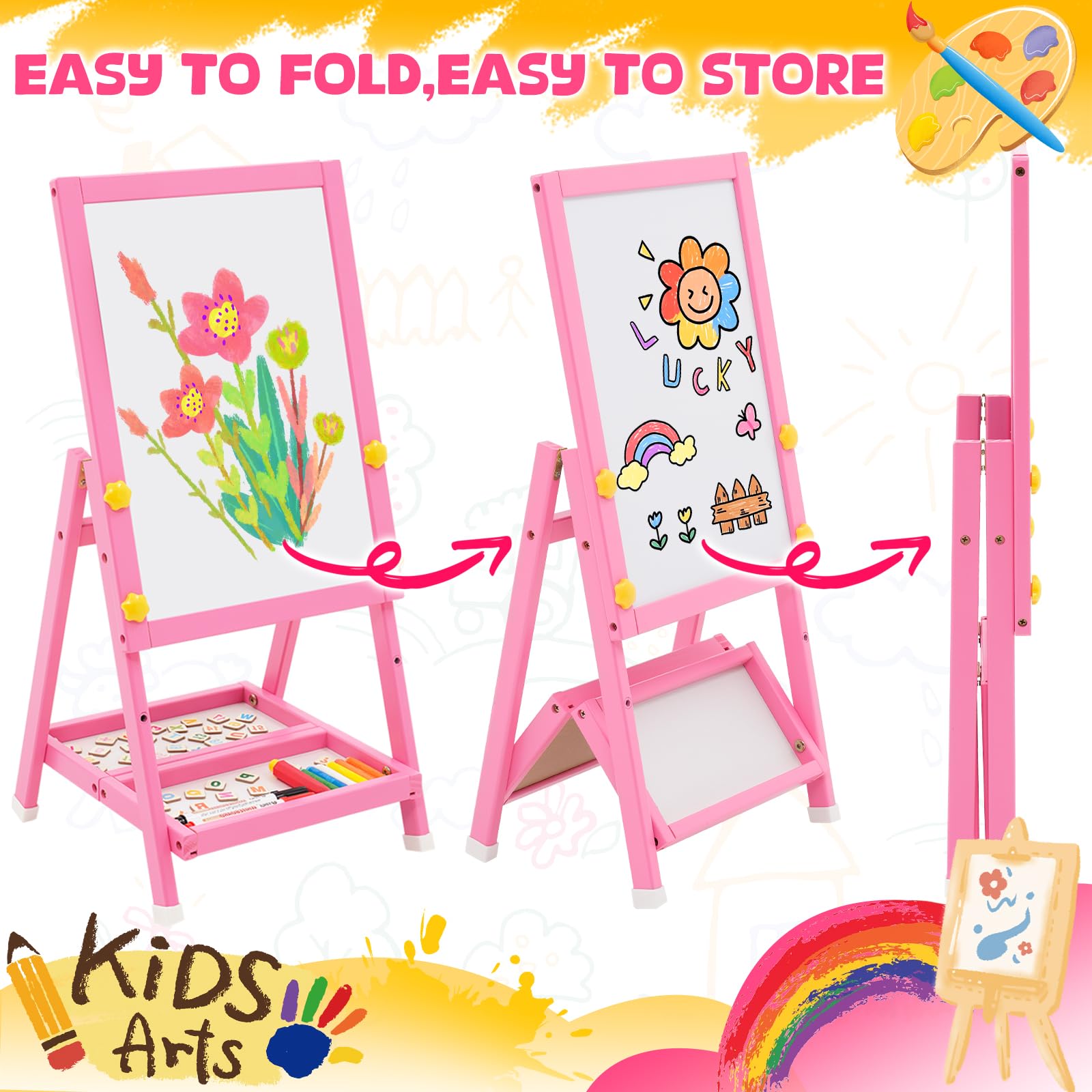 Caballete de Madera para Niños, Art Easel Pizarra Blanca de Doble Cara y Pizarra de Tiza Mini Rosa Caballete Infantil con Números y Otros Accesorios para Niños y Pequeños