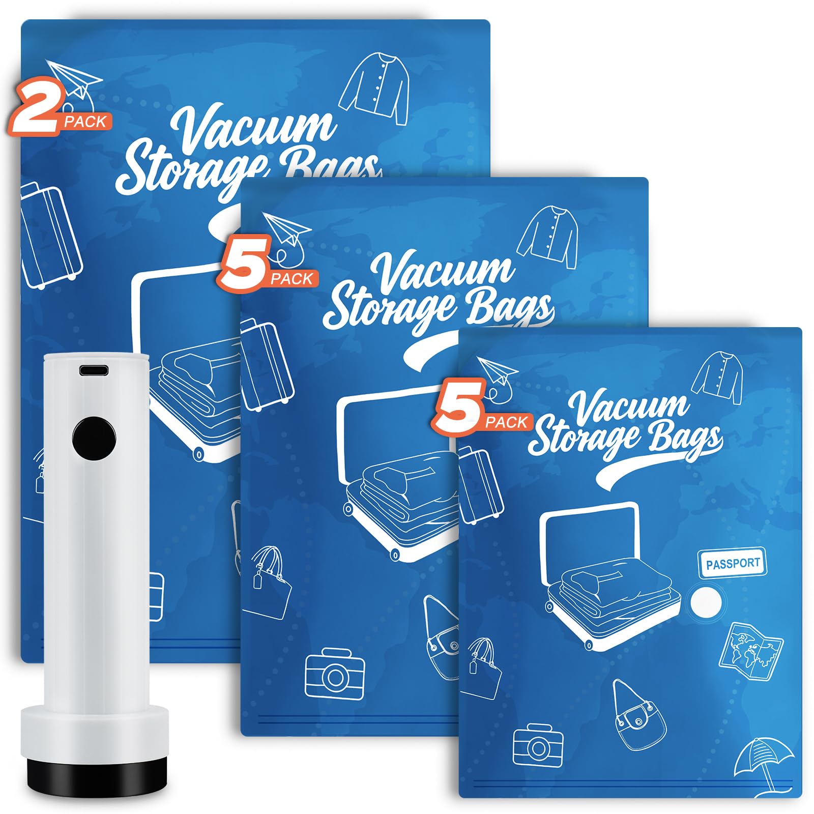 12 Pcs Vacuum Storage Bags for Clothes with Cordless Vacuum Pump, 2 Large 54*74cm + 5 Medium 47*64cm + 5 Small 40*54cm Vacuum Bags for Clothes Travel, Reusable Vaccine Storage Bags for Travel, Daily