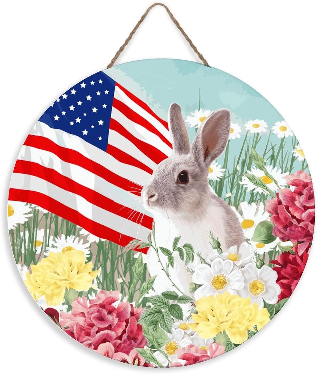 Mutilovely Independence Day Rabbit Farm Animals Sunflowers Floral Flowers Rose Lily USA Flag Front Door Decor Sign Rustic Wood Signs Patriotic Plaque Door Hanger Bedroom Nursery Room 12 Inch