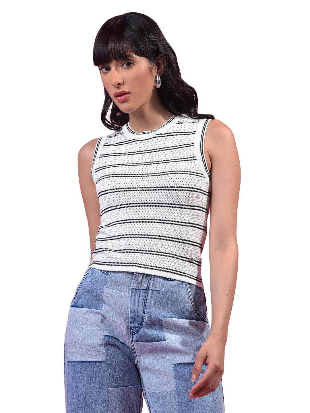 crimsoune club Women's White Horizontal Stripes Sleeveless 100% Cotton Top-picture-26