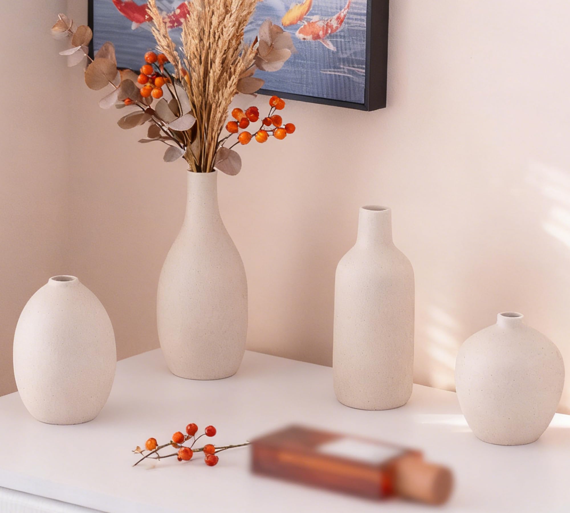 Beige Vasen Keramik 4 Stück, Kleine Blumenvasen Set für Dekor, Minimalistisch Vase Home Decor für Pampas Grass, Wohnzimmer, Esszimmer (09 Beige)