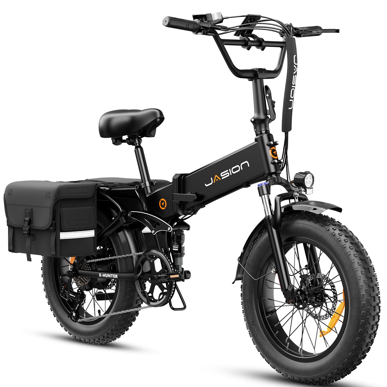 Jasion X-Hunter Electric Bike for Adults,1400W Peak Motor 30MPH Max Speed 48V 13AH Removable Battery,Full Suspension System 20 * 4.0 Fat Tire Foldable Ebike 7-Speed Bicycles with Saddle Bag