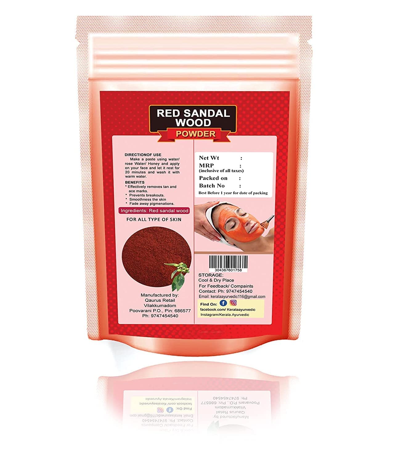 QURA Ayurvedic Natural Redsandal Puder / Rakthachandana Podi, do zestawu na twarz, 100 g + proszek z kwiatów hibiskusa do wzrostu włosów i opakowania na twarz, 100% naturalny i ziołowy, 100 gramów + woda różana 100 ml