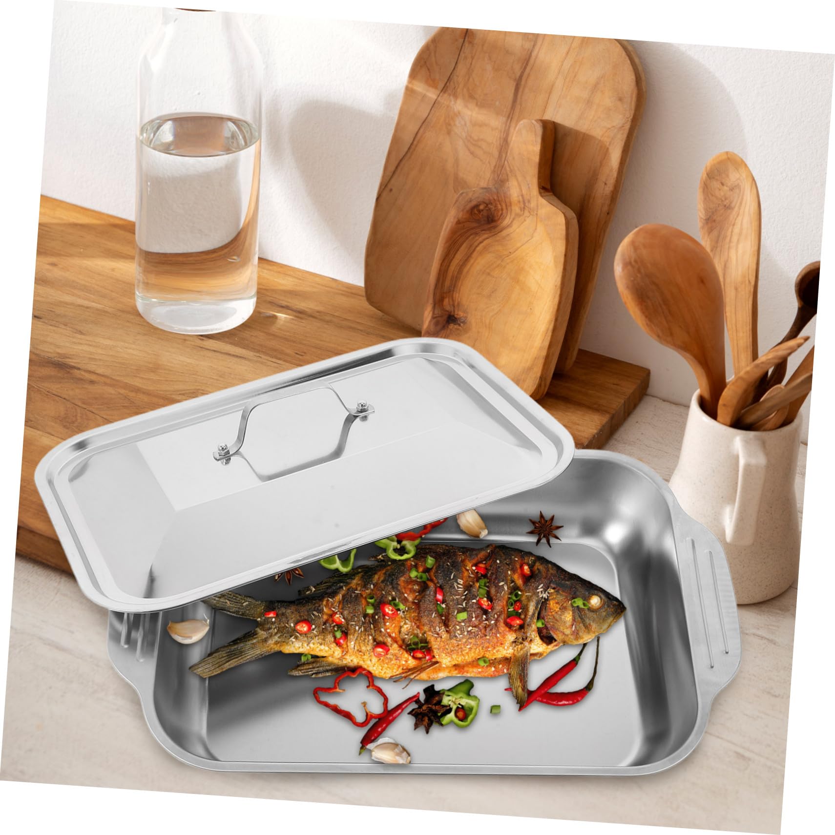 Grill Und Backblech Aus Edelstahl Mit Deckel Rechteckige Tiefe Form Für Fisch Und Fleisch Multifunktionales Bratgeschirr Für Backofen Und Grill 41x22x7,5cm
